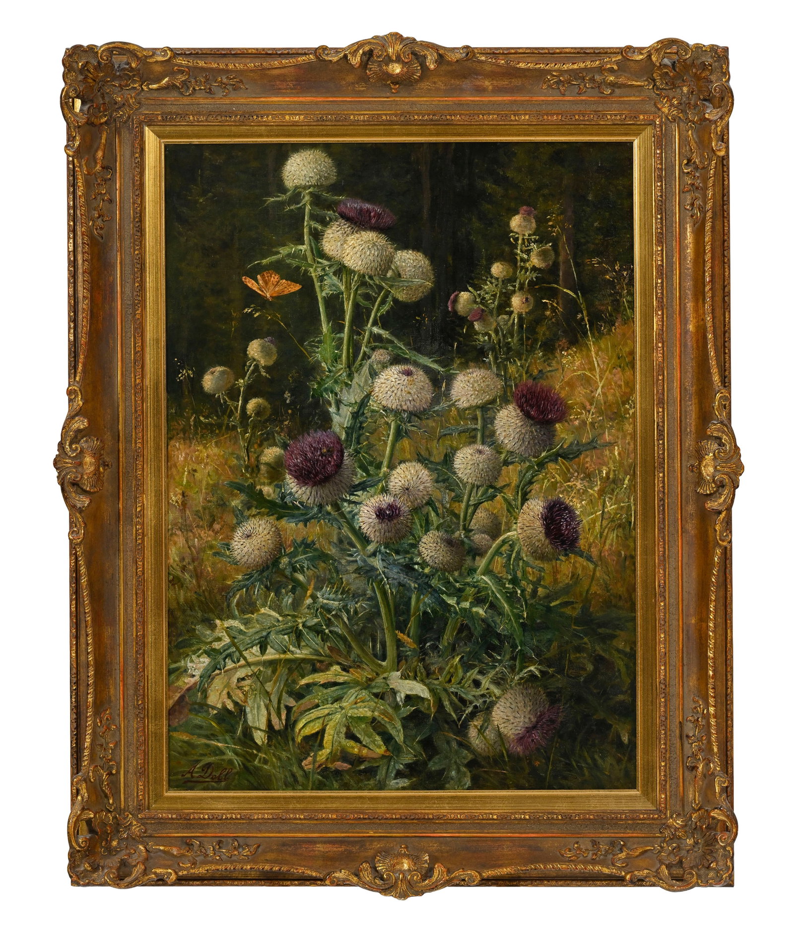 Auguste Döll (1871-1955), Chardons et papillon, huile sur toile, signée, 65,5x47,5 cm Pro - 2
