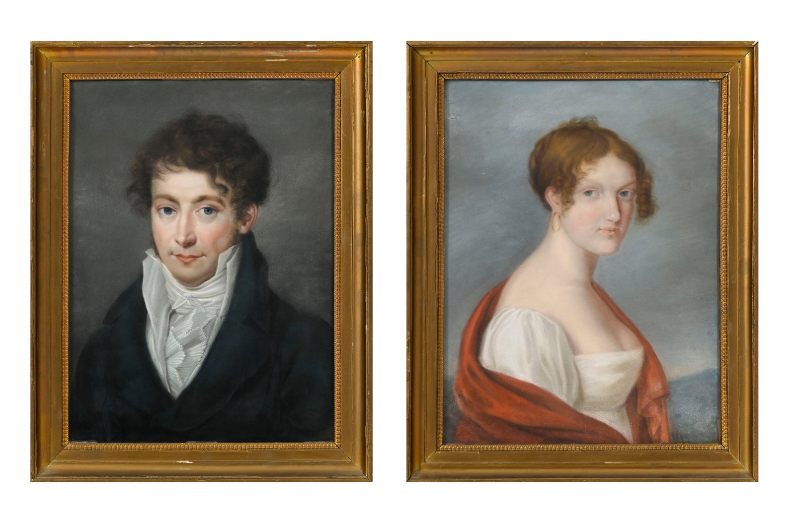 Ecole française du XIXe s., Portrait d'un élégant et Portrait d'une élégant: Ecole française du XIXe s., Portrait d'un élégant et Portrait d'une élégante, paire de pastels sur papier, 50x36 et 51x37 cm (à vue, chaque) Provenance: Famille Schlote,