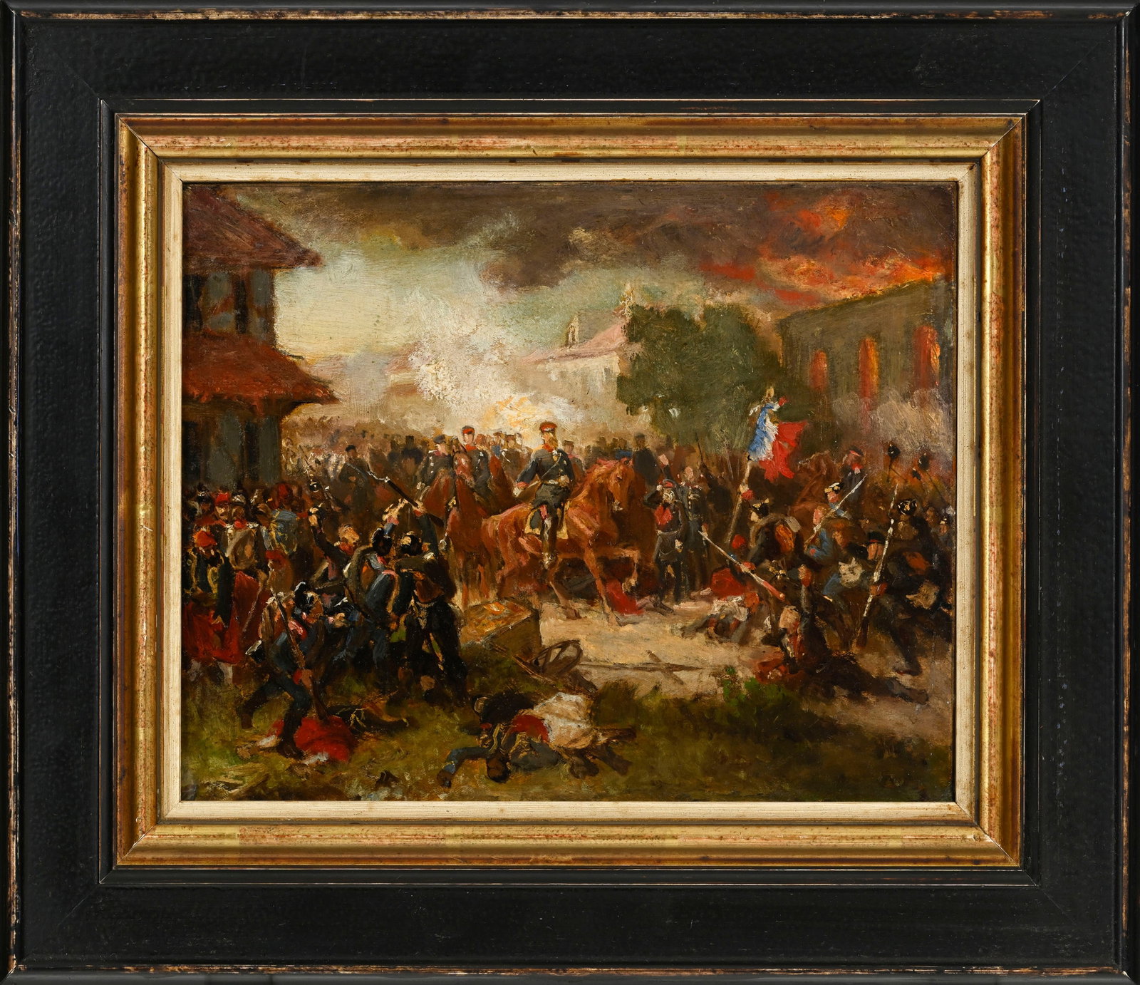 Ecole française du XIXe s., Scène de bataille dans un village, huile sur papier maroufl - 2