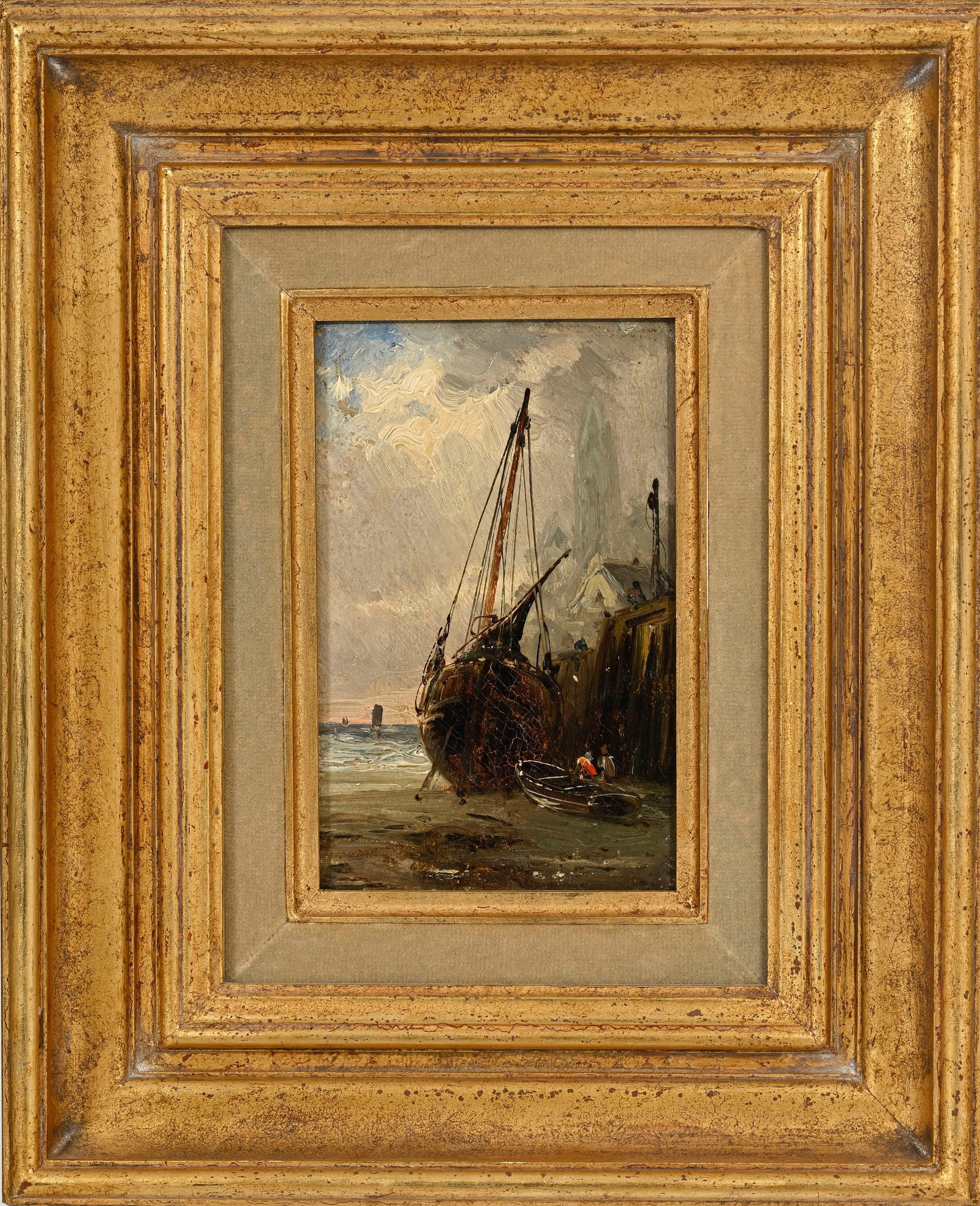 Ecole française du XIXe s., Scène de port à marée basse, huile sur panneau, 15x9 - 2