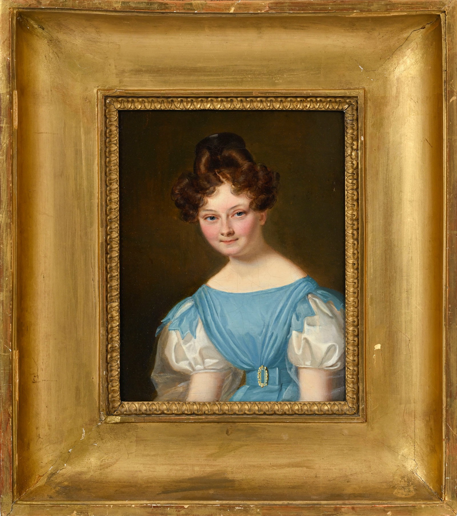 Ecole française du XIXe s., Portrait de jeune fille à la robe bleue, huile sur toile, 27,5 - 2