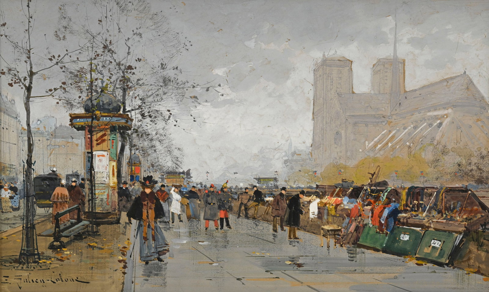 Eugène Galien-Laloue (1854-1941), Quai Notre-Dame à Paris, gouache sur papier, signée: Eugène Galien-Laloue (1854-1941), Quai Notre-Dame à Paris, gouache sur papier, signée, 18,5x30,5 cm (à vue) Provenance: Piguet Hôtel des Ventes, Genève, le 13.12.2017,