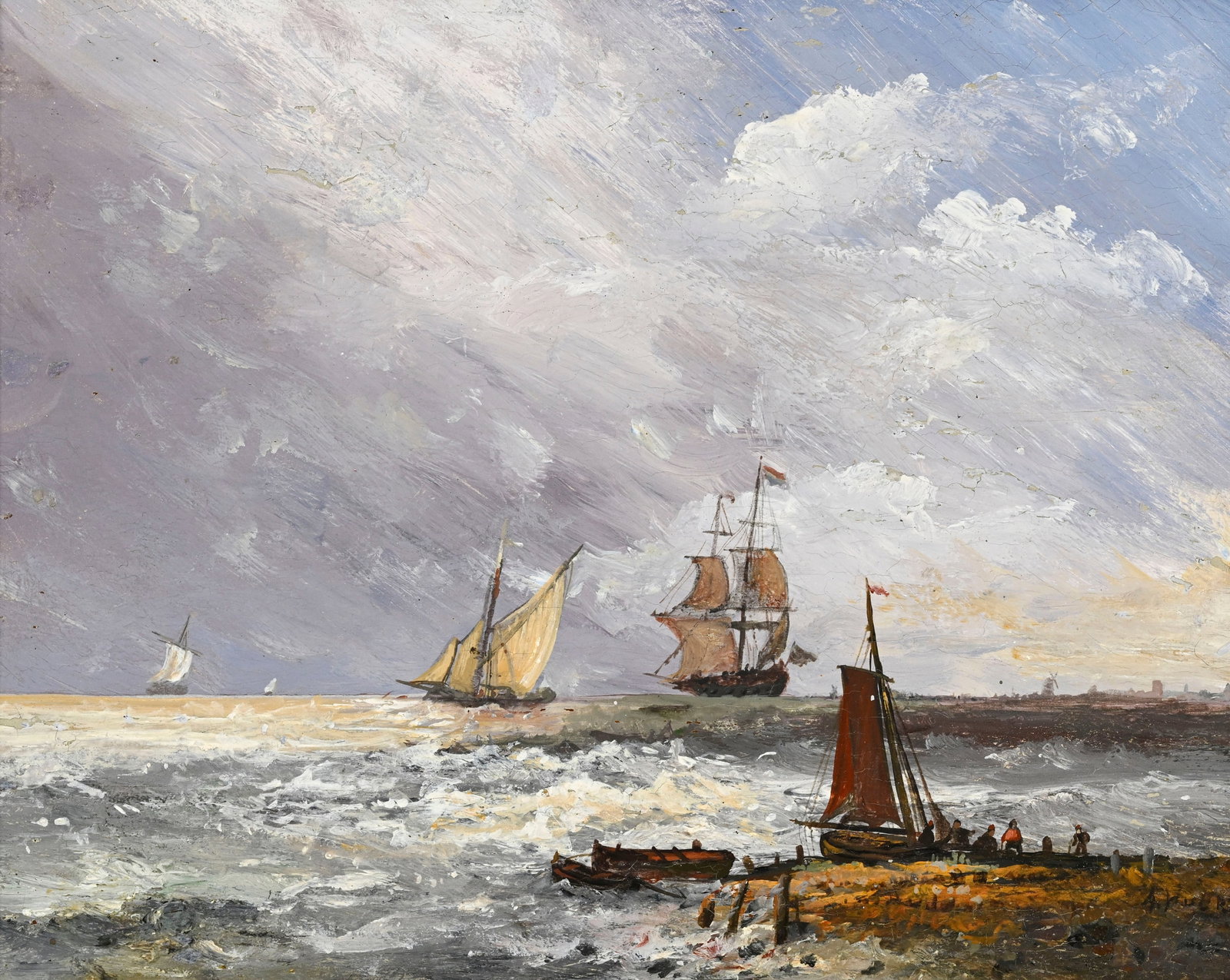 Ecole hollandaise du XIXe s., Navires en mer, huile sur panneau, signée "A. Huer", 21,5x27,5 cm: Ecole hollandaise du XIXe s., Navires en mer, huile sur panneau, signée "A. Huer", 21,5x27,5 cm Provenance: Famille Schlote, Göttingen, Basse-Saxe; Collection du Dr Karl Schlote, Eschwege, H