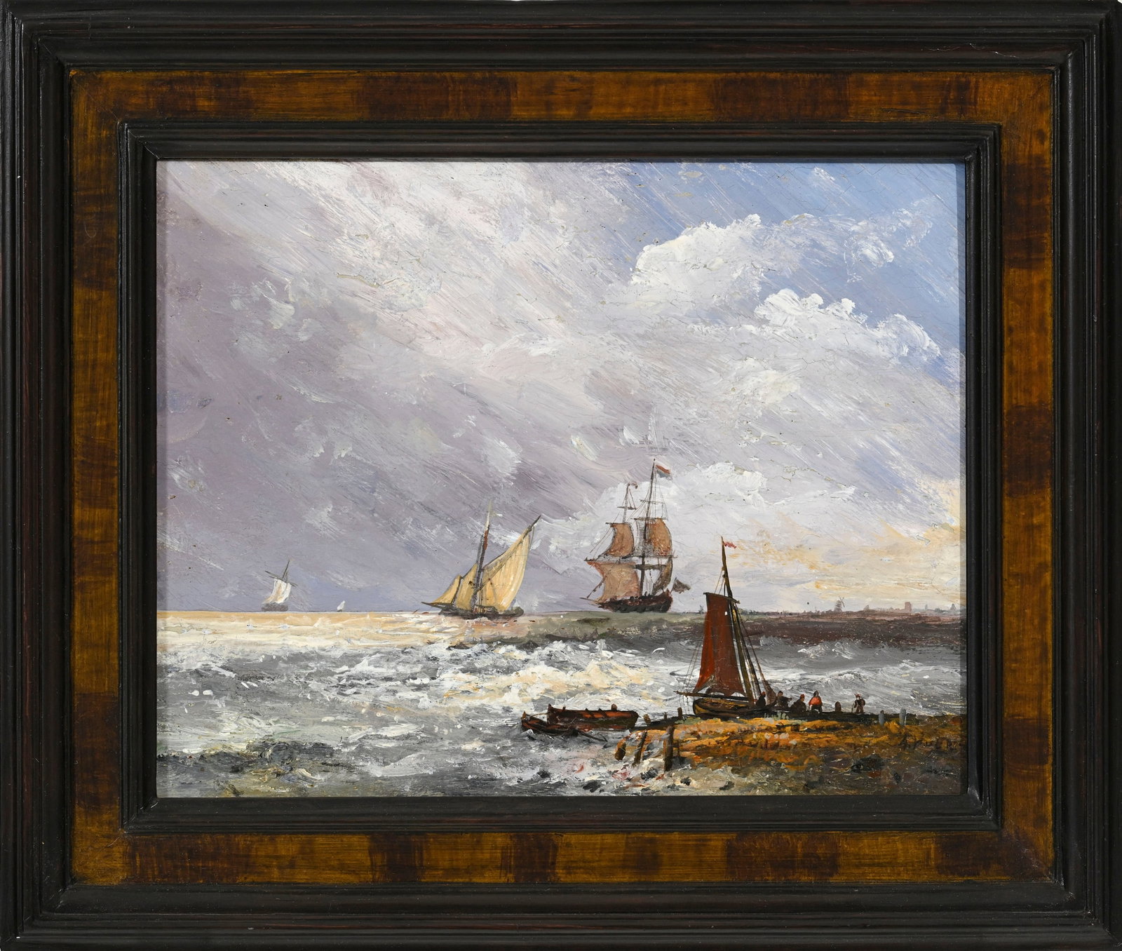 Ecole hollandaise du XIXe s., Navires en mer, huile sur panneau, signée "A. Huer", 21,5x27,5 cm - 2