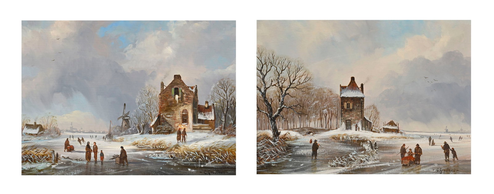 Ecole hollandaise du XVIIe s., dans le goût de, Patineurs sur fleuve gelé, XXe, paire d'hu: Ecole hollandaise du XVIIe s., dans le goût de, Patineurs sur fleuve gelé, XXe, paire d'huiles sur panneau, signées "C. Groothuis", 20,5x28 cm (chaque)
