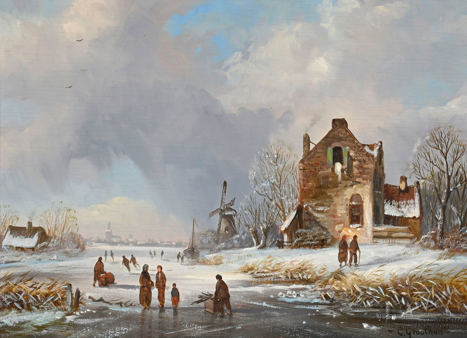 Ecole hollandaise du XVIIe s., dans le goût de, Patineurs sur fleuve gelé, XXe, paire d'hu - 2