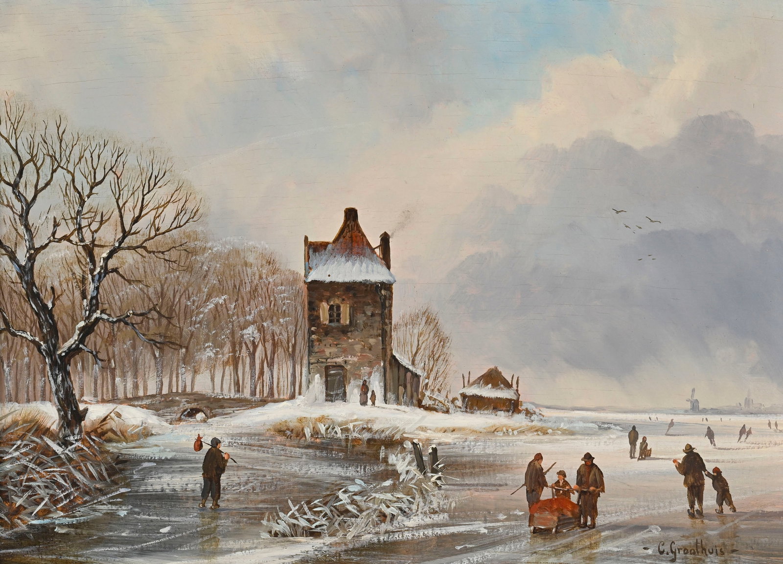 Ecole hollandaise du XVIIe s., dans le goût de, Patineurs sur fleuve gelé, XXe, paire d'hu - 3