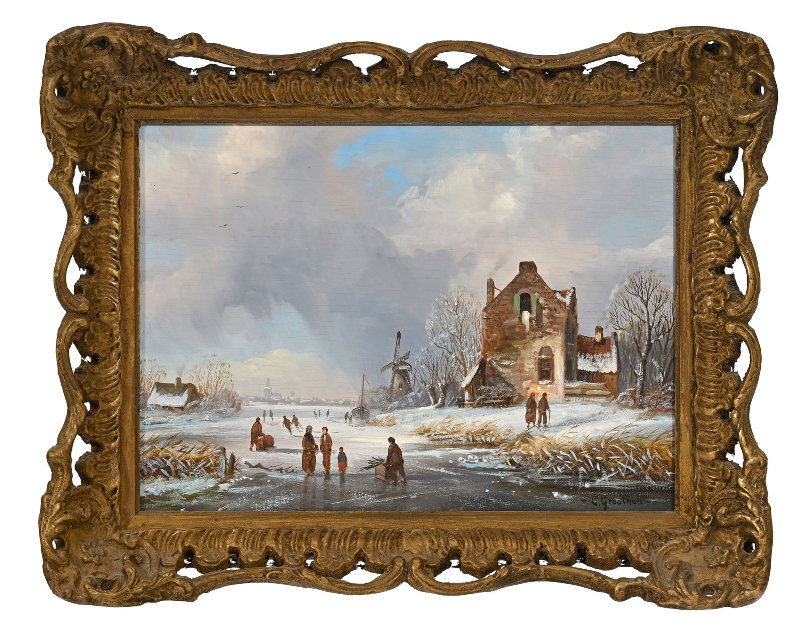 Ecole hollandaise du XVIIe s., dans le goût de, Patineurs sur fleuve gelé, XXe, paire d'hu - 4