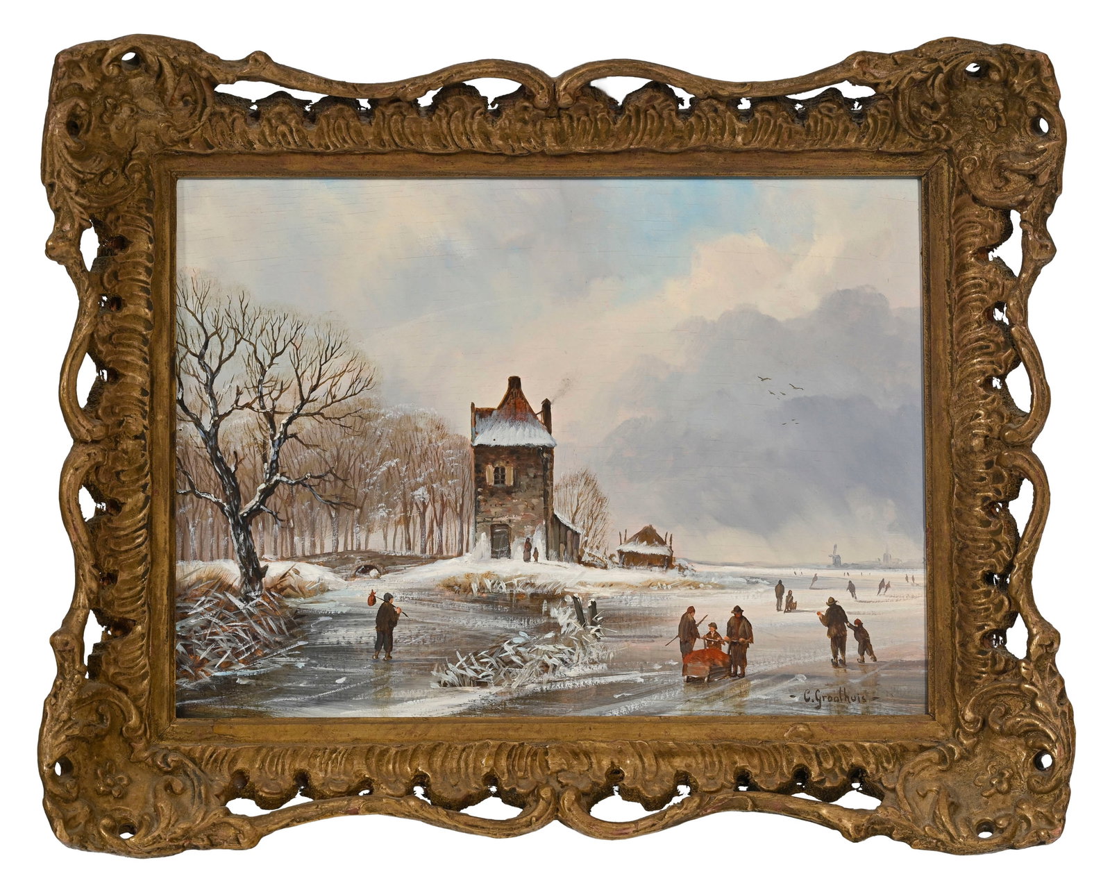 Ecole hollandaise du XVIIe s., dans le goût de, Patineurs sur fleuve gelé, XXe, paire d'hu - 5