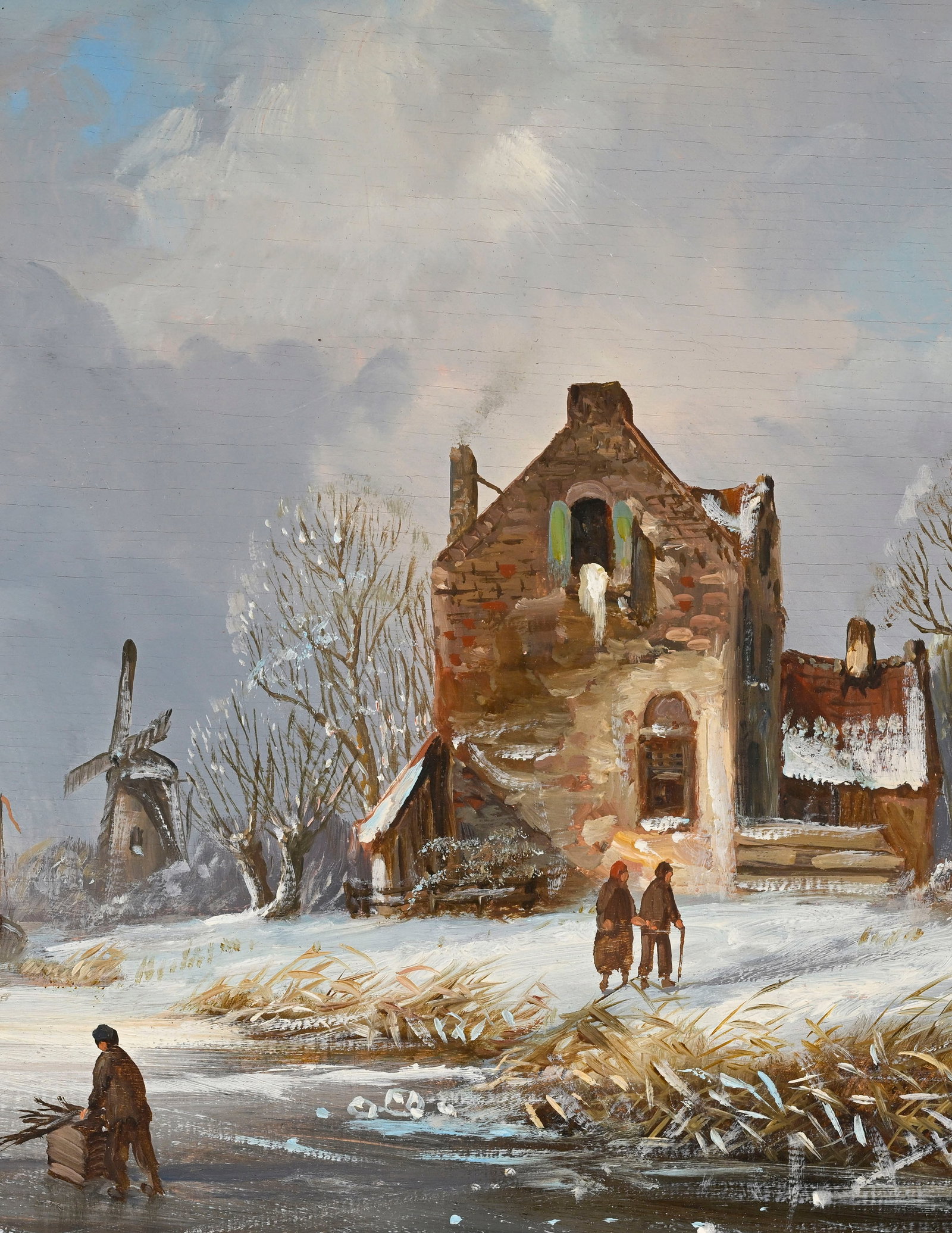 Ecole hollandaise du XVIIe s., dans le goût de, Patineurs sur fleuve gelé, XXe, paire d'hu - 6