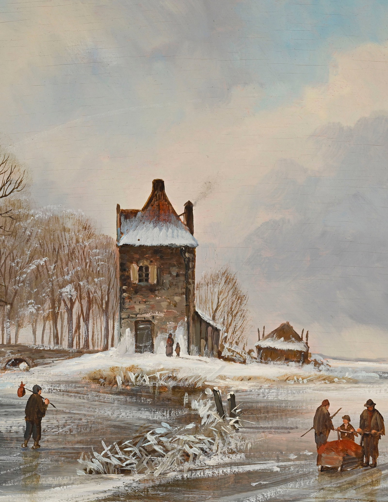 Ecole hollandaise du XVIIe s., dans le goût de, Patineurs sur fleuve gelé, XXe, paire d'hu - 7