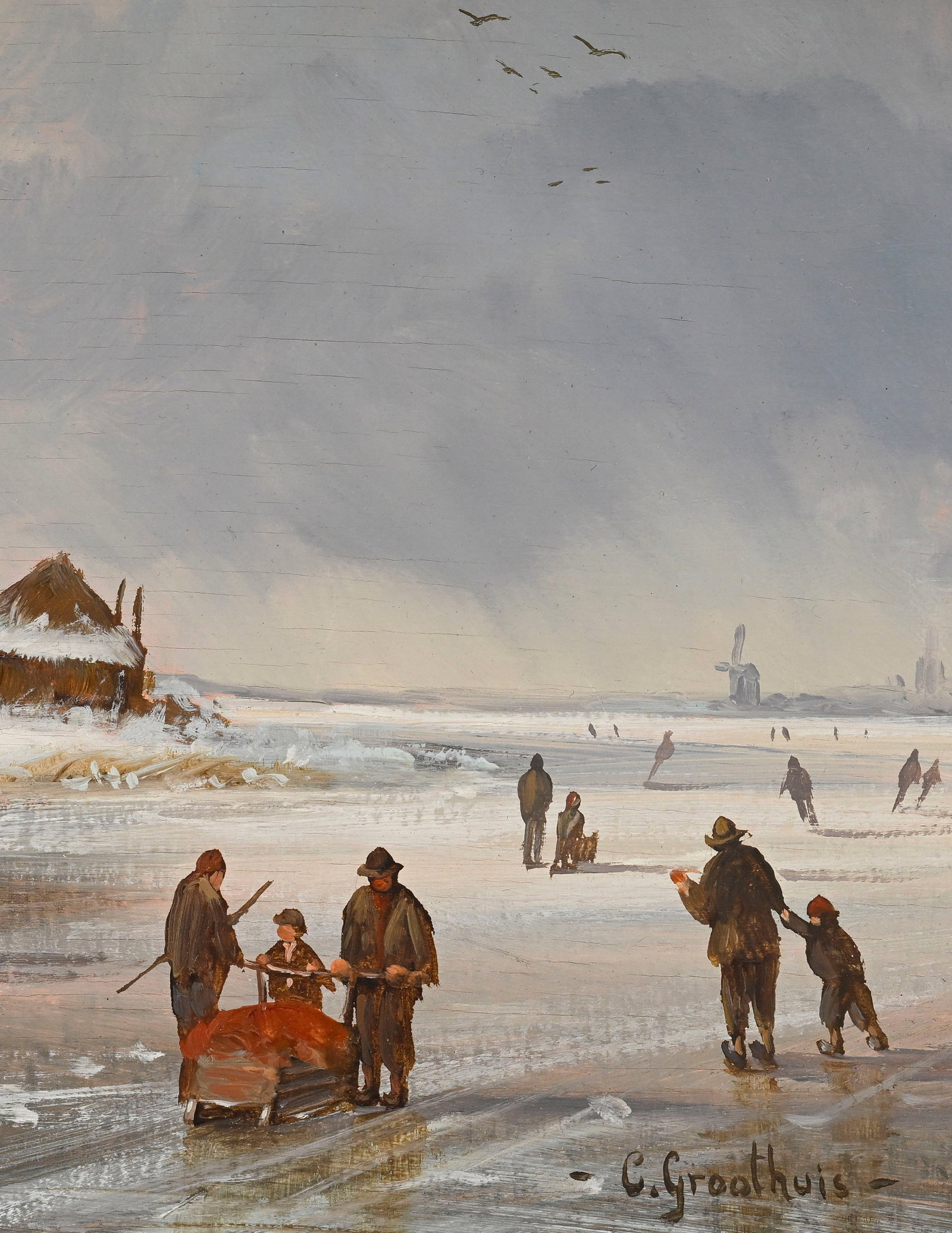 Ecole hollandaise du XVIIe s., dans le goût de, Patineurs sur fleuve gelé, XXe, paire d'hu - 8