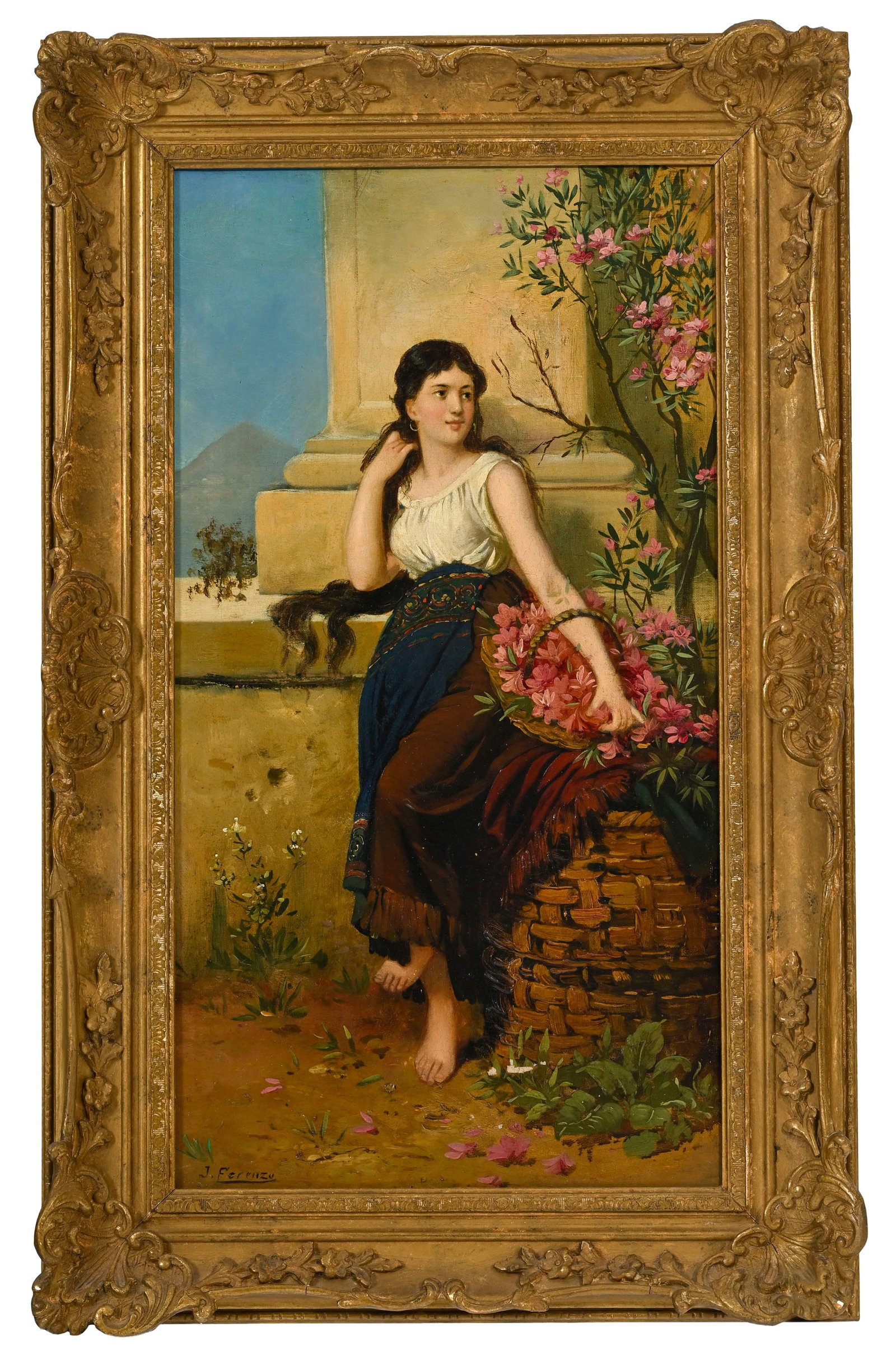 Ecole italienne du XIXe s., Jeune femme au panier de fleurs, huile sur toile, signée "J. Ferenz - 2