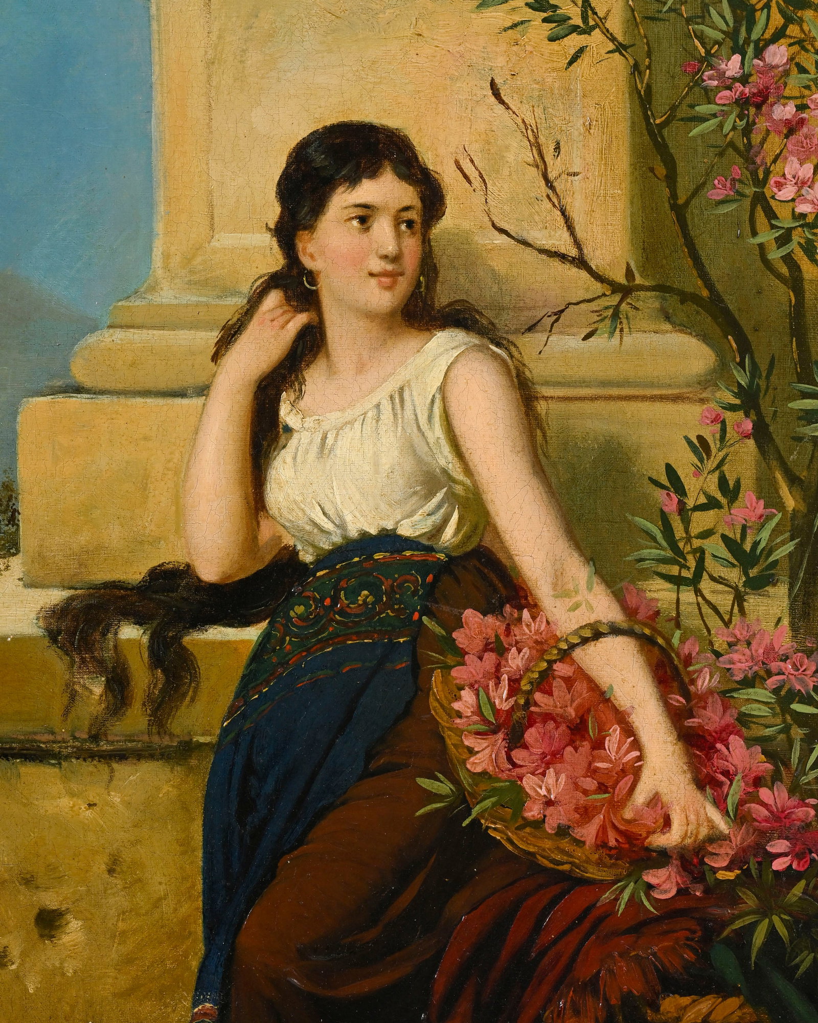 Ecole italienne du XIXe s., Jeune femme au panier de fleurs, huile sur toile, signée "J. Ferenz - 3