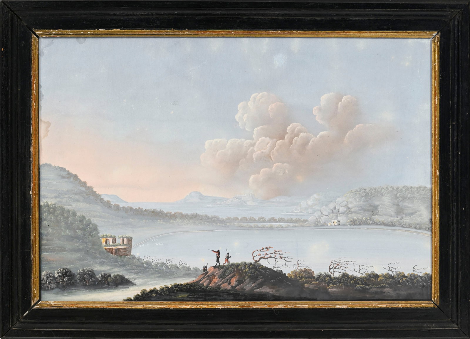 Ecole napolitaine du XVIIIe s., Brigands au lac d'Averne, gouache sur papier, 27,5x41 cm (à vue - 2