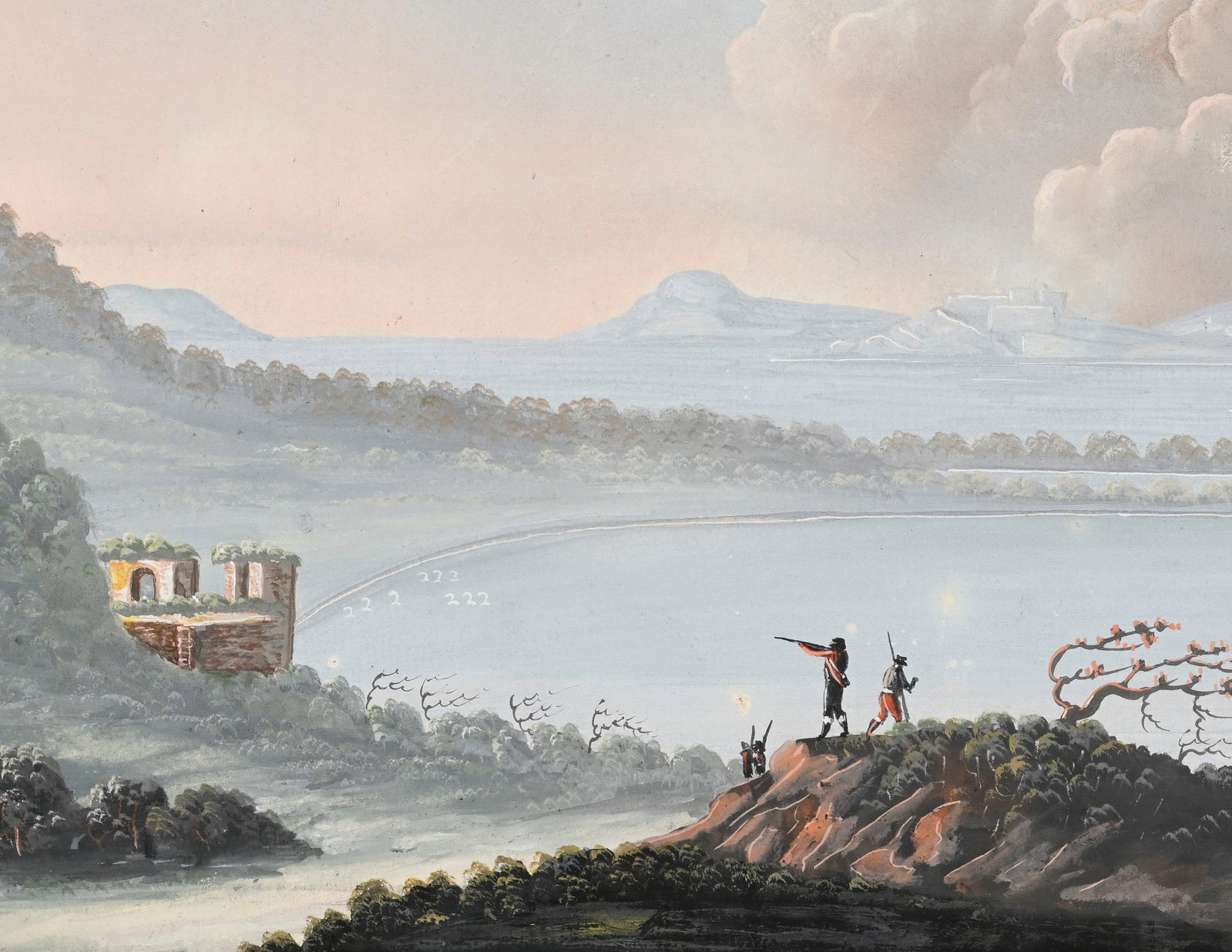 Ecole napolitaine du XVIIIe s., Brigands au lac d'Averne, gouache sur papier, 27,5x41 cm (à vue - 3