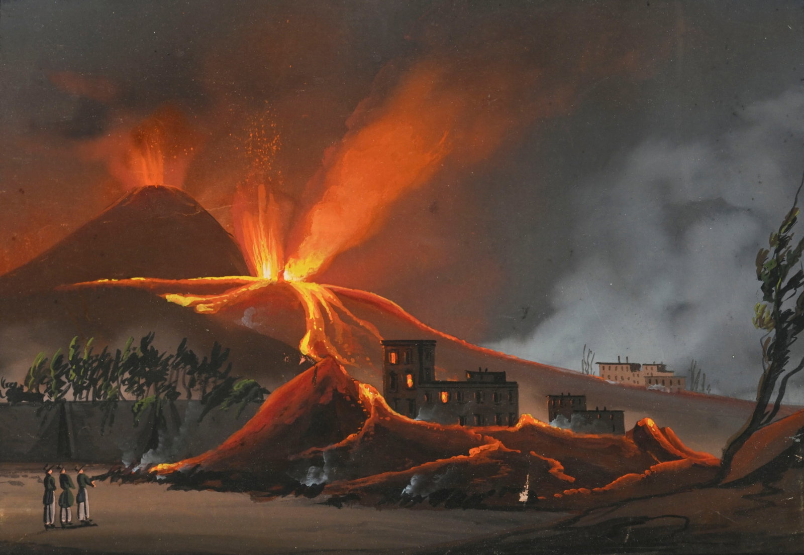 Ecole napolitaine du XIXe s., "Eruz Del 1834 do Ottajano", gouache sur papier, titrée, 34x46 cm: Ecole napolitaine du XIXe s., "Eruz Del 1834 do Ottajano", gouache sur papier, titrée, 34x46 cm (à vue)