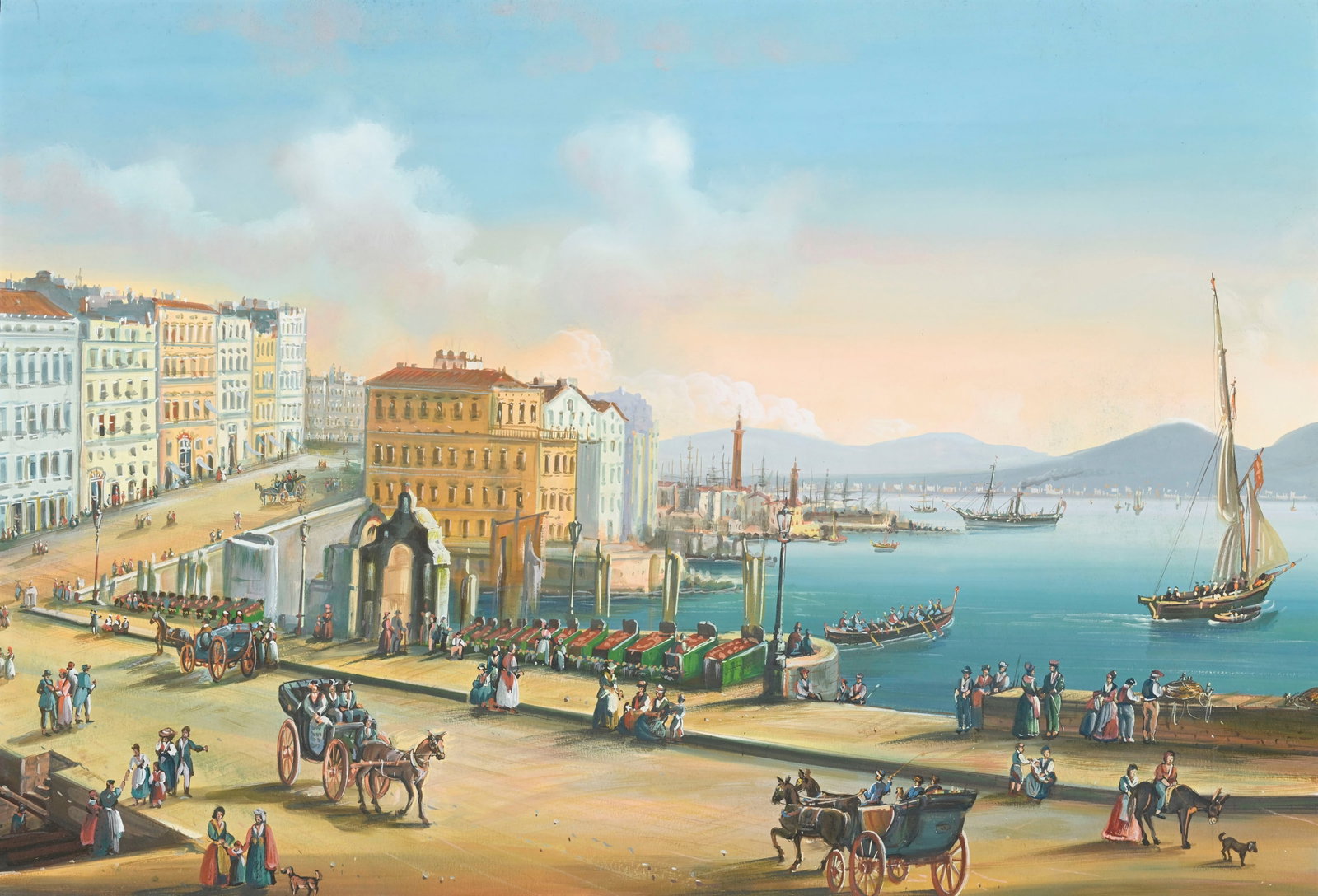Ecole napolitaine du XIXe s., Vue de Santa Lucia à Naples, gouache sur papier, 47x67 cm (à: Ecole napolitaine du XIXe s., Vue de Santa Lucia à Naples, gouache sur papier, 47x67 cm (à vue)