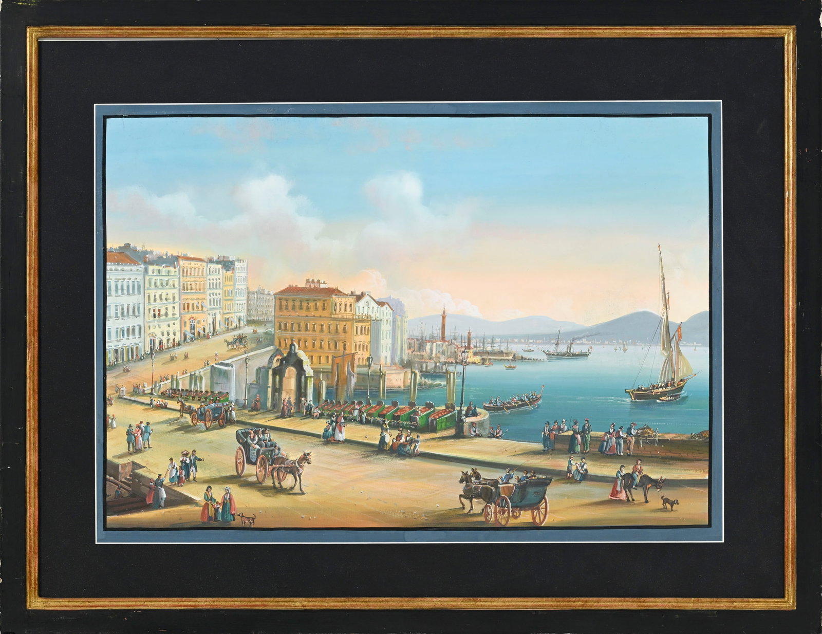Ecole napolitaine du XIXe s., Vue de Santa Lucia à Naples, gouache sur papier, 47x67 cm (à - 2