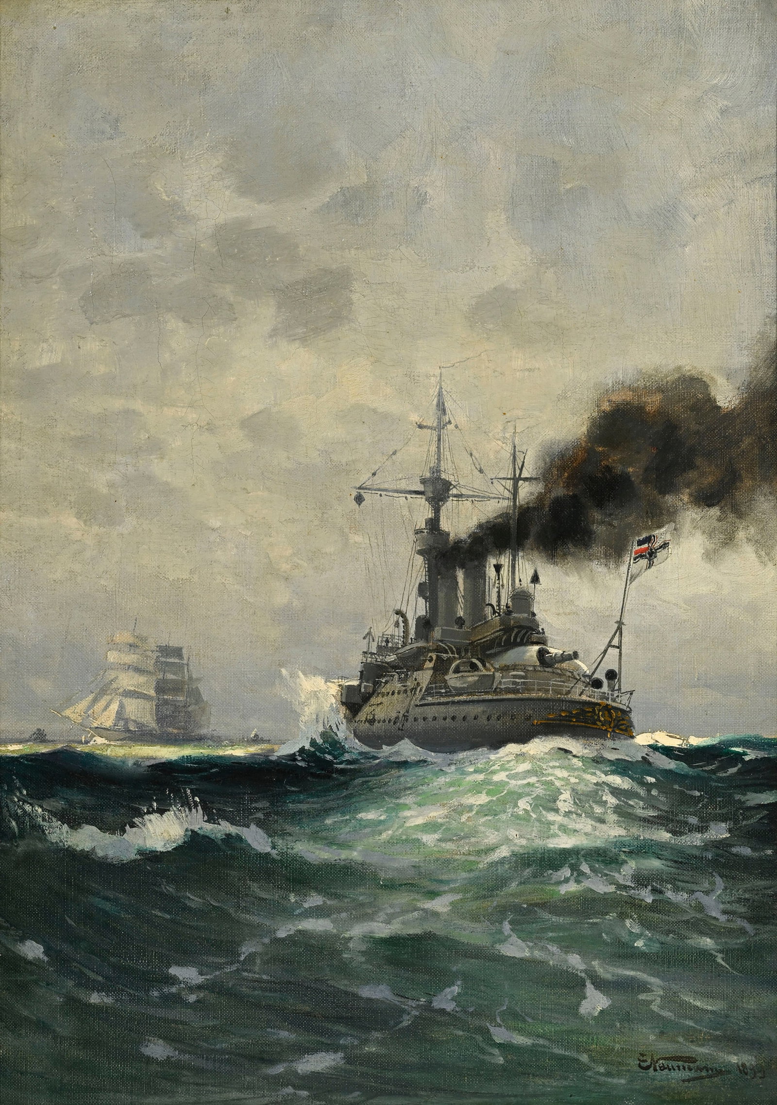 Emil Friedrich Neumann (1842-1903), Navire en mer, 1899, huile sur toile, signée et datée,: Emil Friedrich Neumann (1842-1903), Navire en mer, 1899, huile sur toile, signée et datée, 48x34,5 cm Provenance: Famille Schlote, Göttingen, Basse-Saxe; Collection du Dr Karl Schlote,