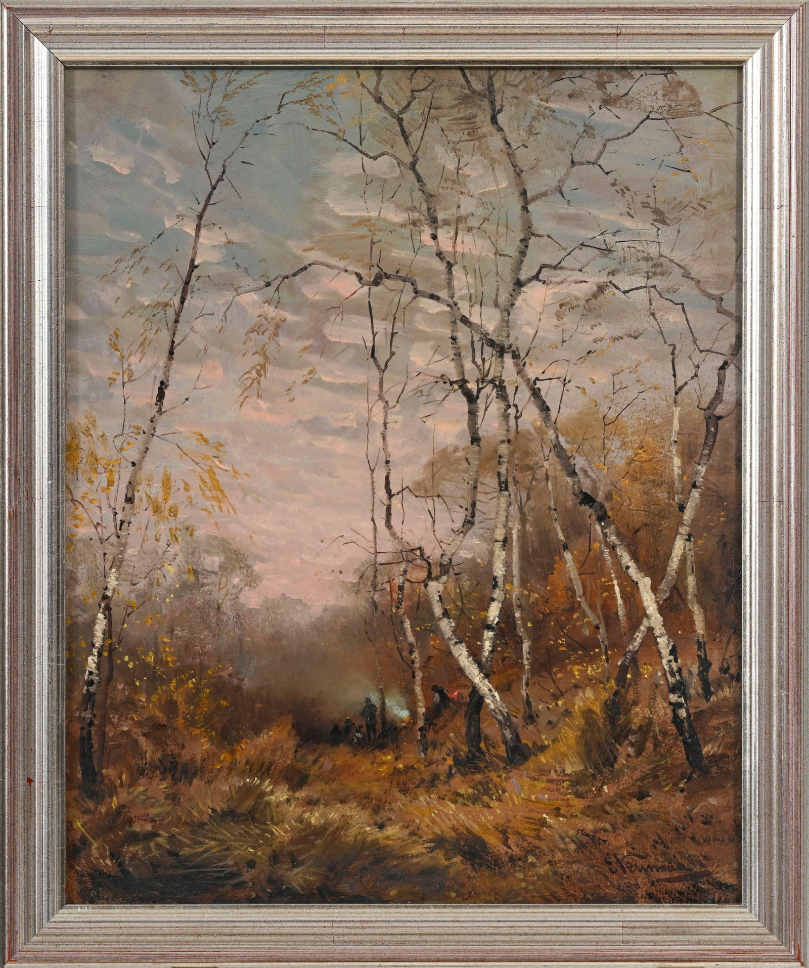 Emil Friedrich Neumann (1842-1903), Forêt de bouleaux animée à l'aube, huile sur cart - 2