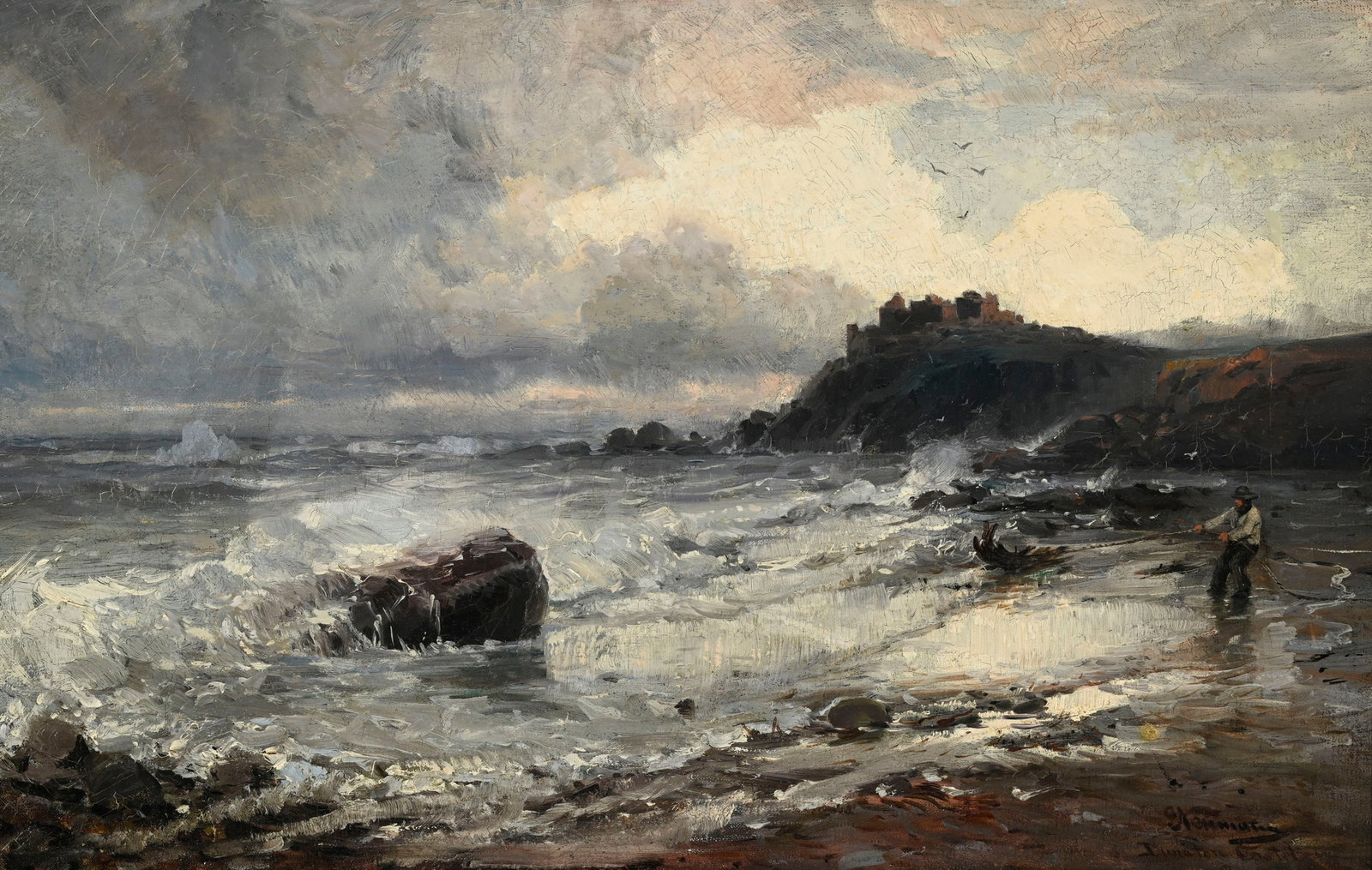 Emil Friedrich Neumann (1842-1903), Homme en bord de mer, huile sur toile, signée et situé: Emil Friedrich Neumann (1842-1903), Homme en bord de mer, huile sur toile, signée et située "Dunaton Castle", 43x68 cm Provenance: Famille Schlote, Göttingen, Basse-Saxe; Collection du