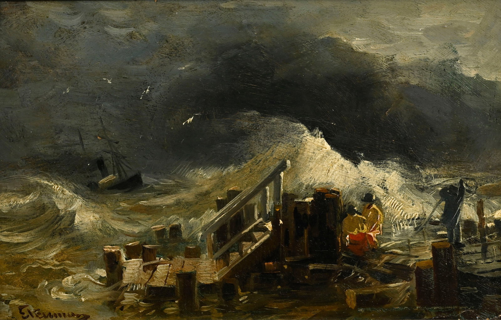 Emil Friedrich Neumann (1842-1903), Tempête en bord de mer, huile sur carton, signée, anno: Emil Friedrich Neumann (1842-1903), Tempête en bord de mer, huile sur carton, signée, annotations au verso, 11x17 cm Provenance: Famille Schlote, Göttingen, Basse-Saxe; Collection du Dr