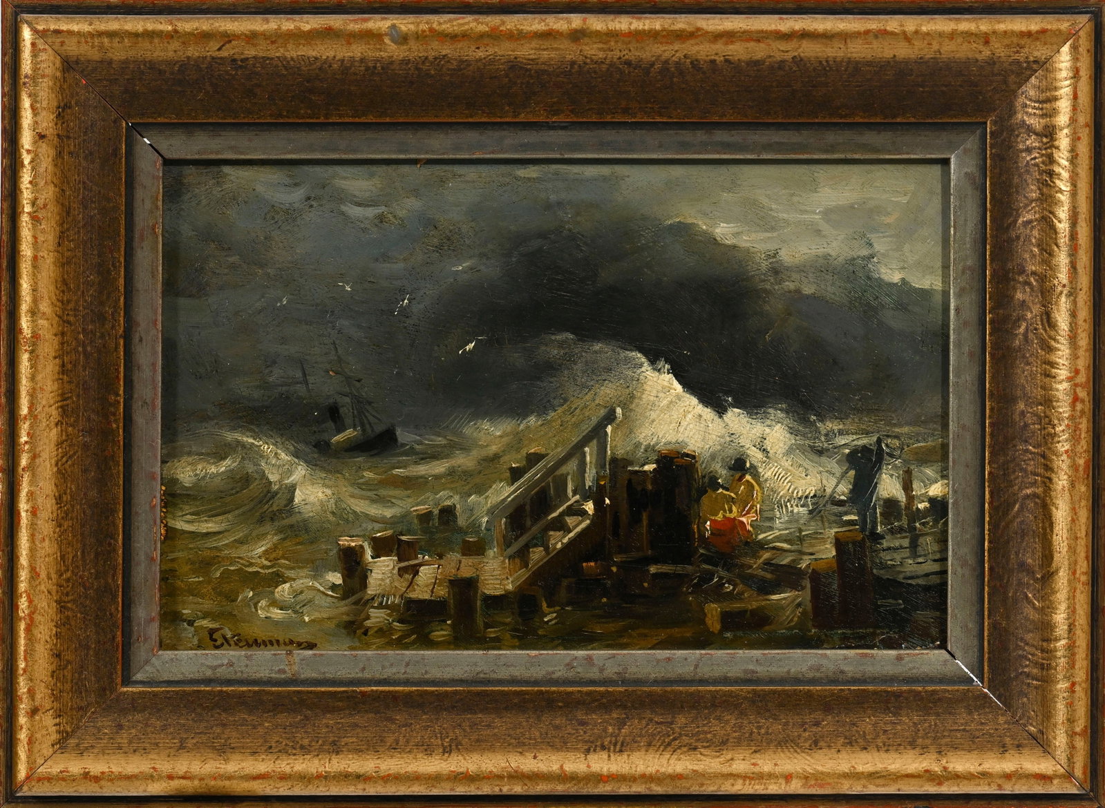 Emil Friedrich Neumann (1842-1903), Tempête en bord de mer, huile sur carton, signée, anno - 2