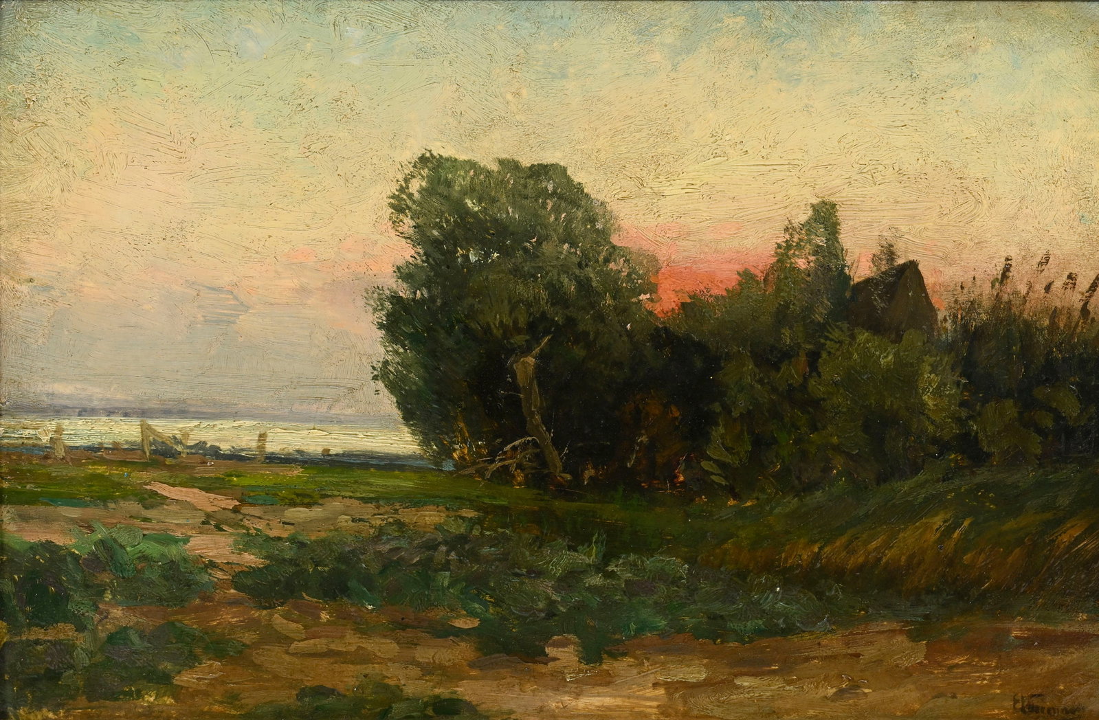 Emil Friedrich Neumann (1842-1903), "Fischerhütte hinter Bäumen", huile sur toile maroufl&: Emil Friedrich Neumann (1842-1903), "Fischerhütte hinter Bäumen", huile sur toile marouflée sur panneau, signée, contresignée et titrée au verso, 21,5x32,5 cm Provenance: