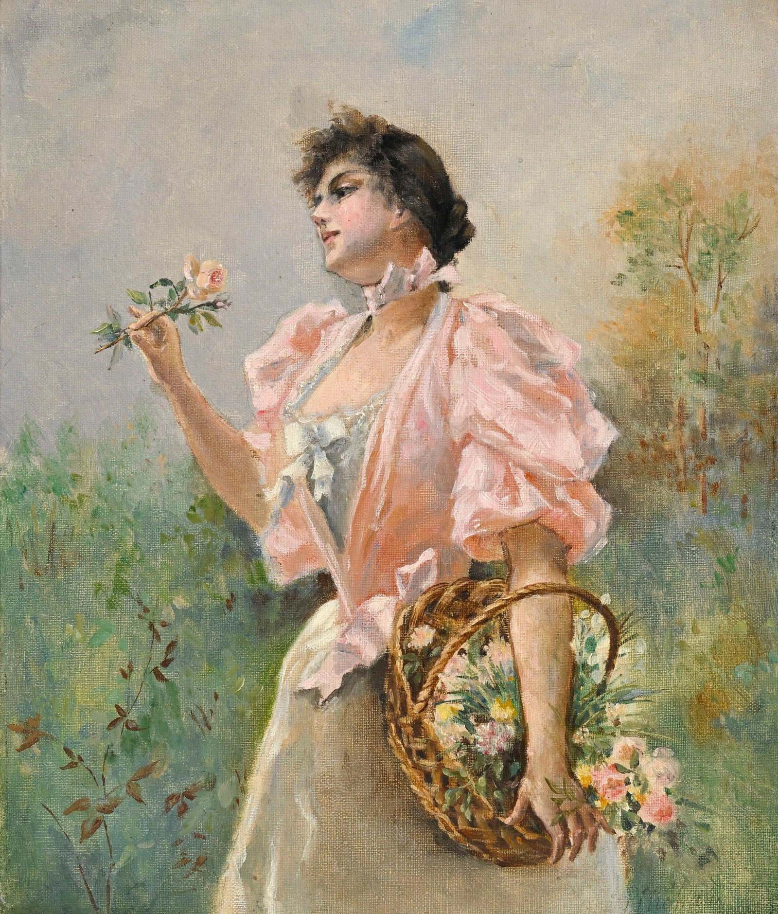 Auguste Emile Pinchart (1842-1920), Jeune femme au panier de fleurs, huile sur toile, signée, 3: Auguste Emile Pinchart (1842-1920), Jeune femme au panier de fleurs, huile sur toile, signée, 35x29 cm