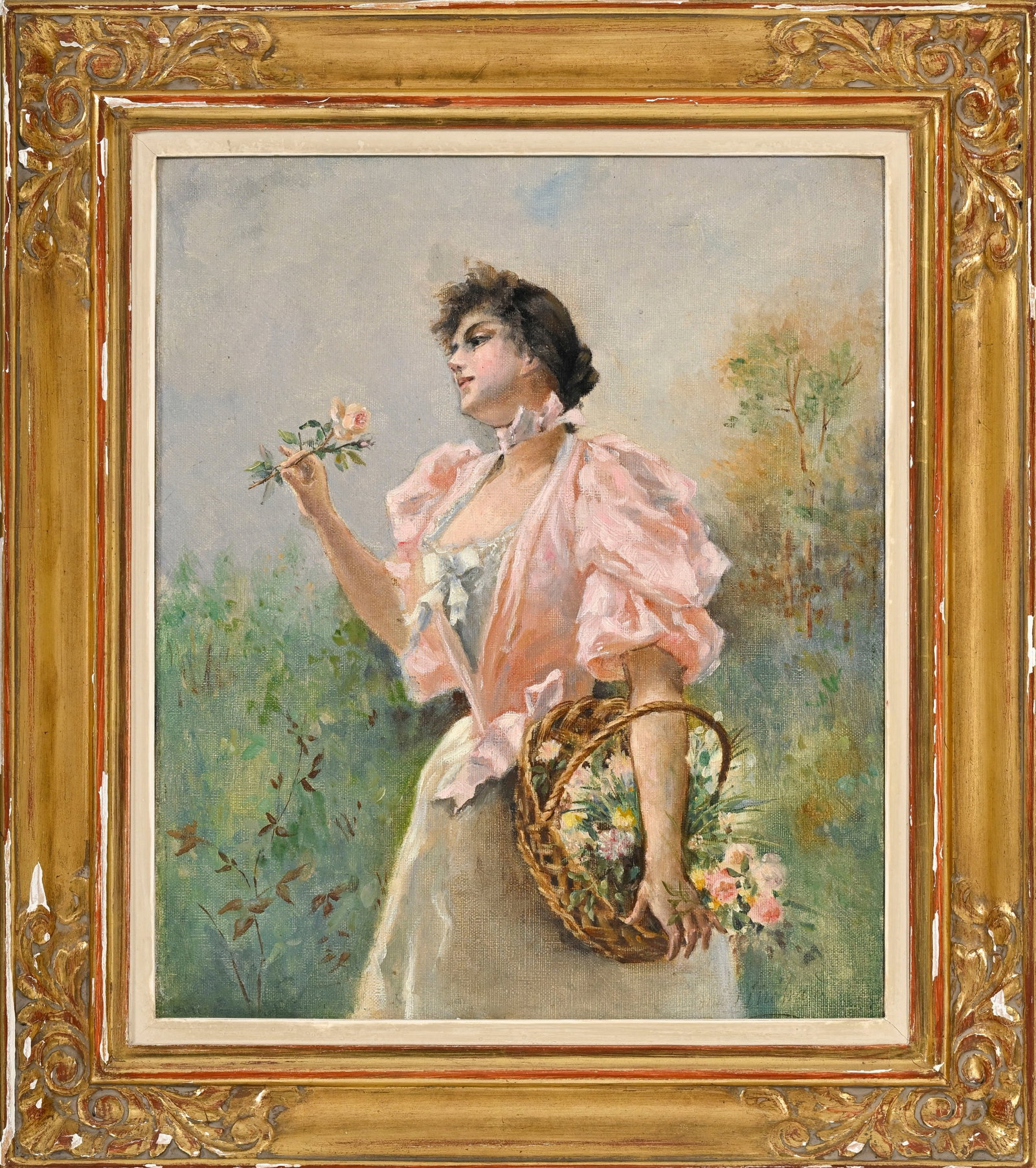 Auguste Emile Pinchart (1842-1920), Jeune femme au panier de fleurs, huile sur toile, signée, 3 - 2