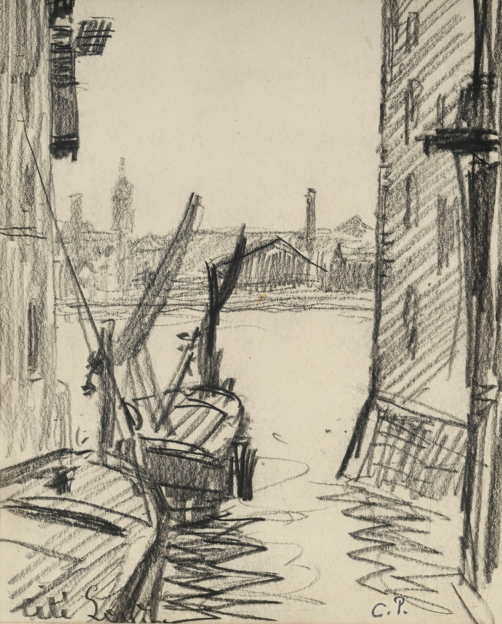 Camille Pissarro (1830-1903), Cité de Londres, vue du port, pierre noire sur papier, tampon du : Camille Pissarro (1830-1903), Cité de Londres, vue du port, pierre noire sur papier, tampon du monogramme (L.2031a) et situé "Cité Londres", 17x14 cm (à vue) Provenance: Galerie