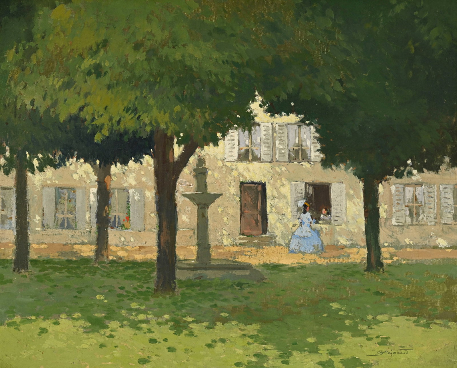 André Pécoud (1880-1951), Jeunes filles discutant à la fenêtre, huile sur toile,: André Pécoud (1880-1951), Jeunes filles discutant à la fenêtre, huile sur toile, signée, 33x41 cm Condition Déchirure de la toile d'env. 1,5 cm à gauche de la