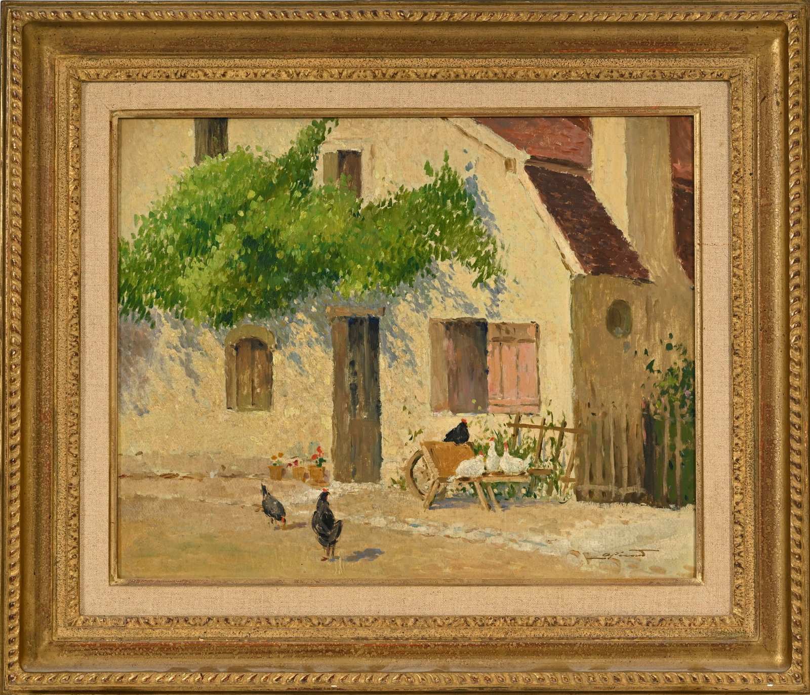 André Pécoud (1880-1951), Poules devant une maison de campagne, huile sur panneau, sign - 2