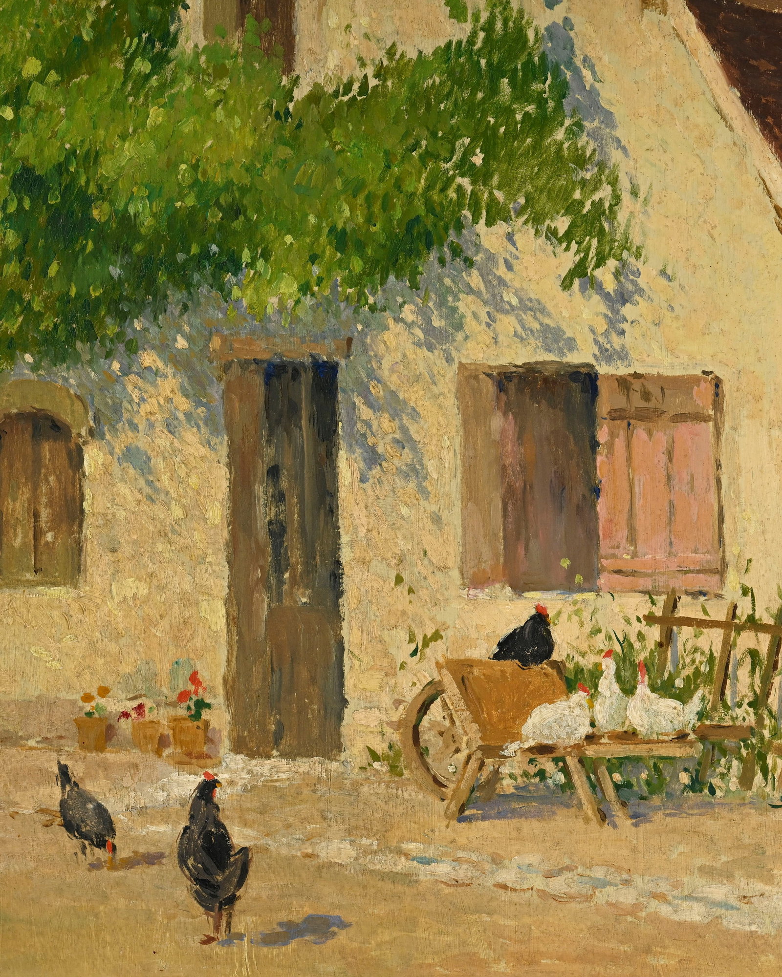 André Pécoud (1880-1951), Poules devant une maison de campagne, huile sur panneau, sign - 3