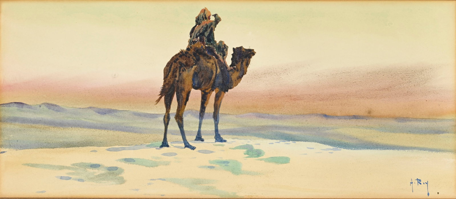 Alphonse Rey (1865-1938), Touareg dans le désert, aquarelle sur papier, signée, 21x49 cm (: Alphonse Rey (1865-1938), Touareg dans le désert, aquarelle sur papier, signée, 21x49 cm (à vue)
