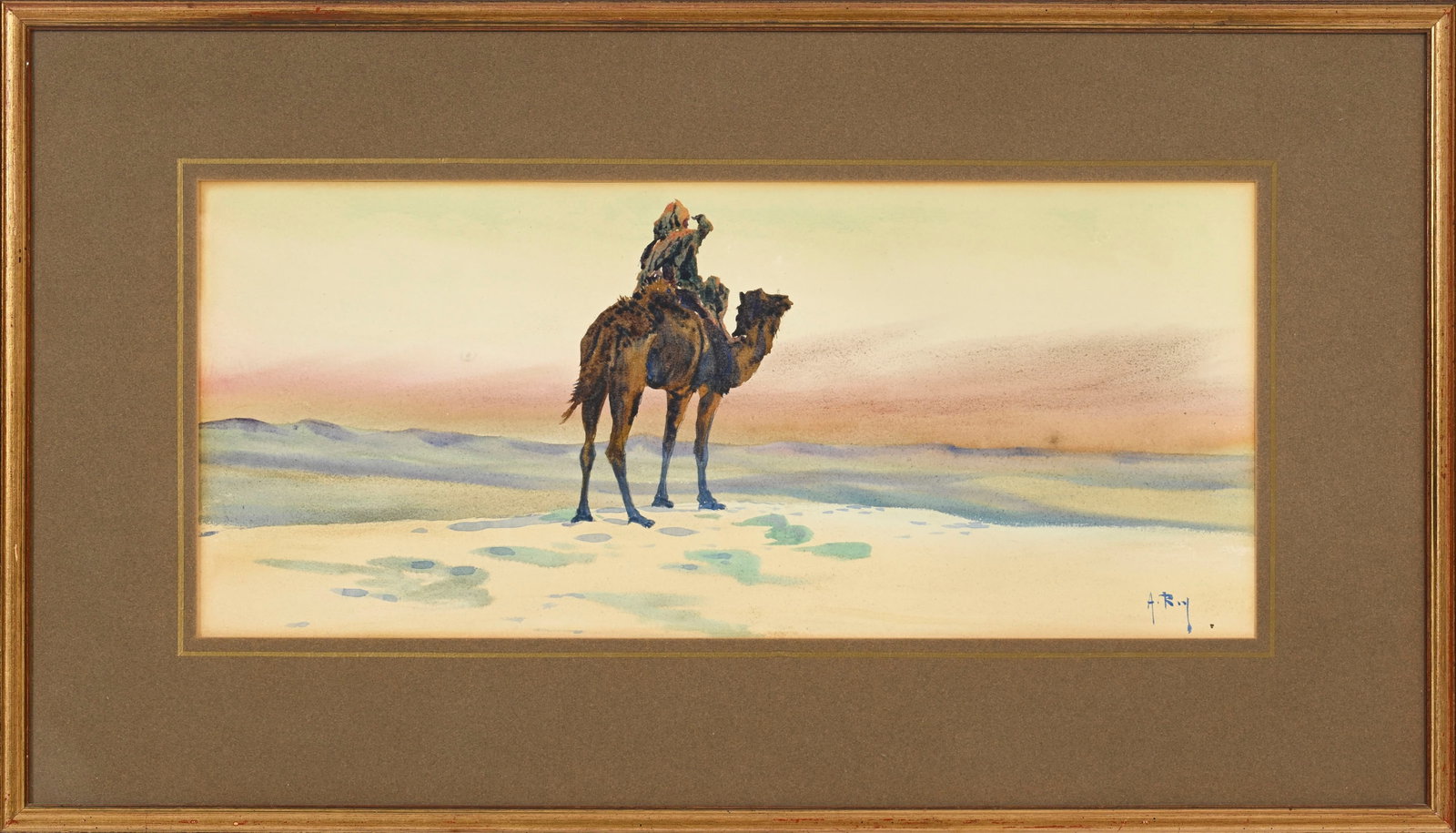 Alphonse Rey (1865-1938), Touareg dans le désert, aquarelle sur papier, signée, 21x49 cm ( - 2