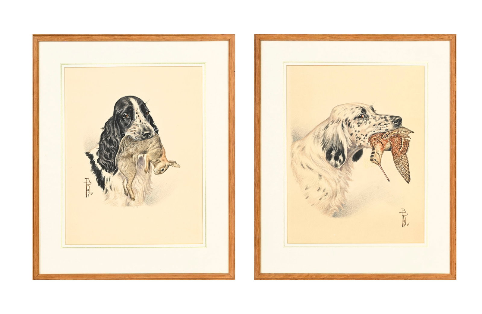 Boris Riab (1898-1975), Cocker au lapin de garenne et Setter à la bécasse des bois, paire : Boris Riab (1898-1975), Cocker au lapin de garenne et Setter à la bécasse des bois, paire de techniques mixtes (crayon, aquarelle et encre) sur papier, signées, 26,5x21 cm (à vue, 
