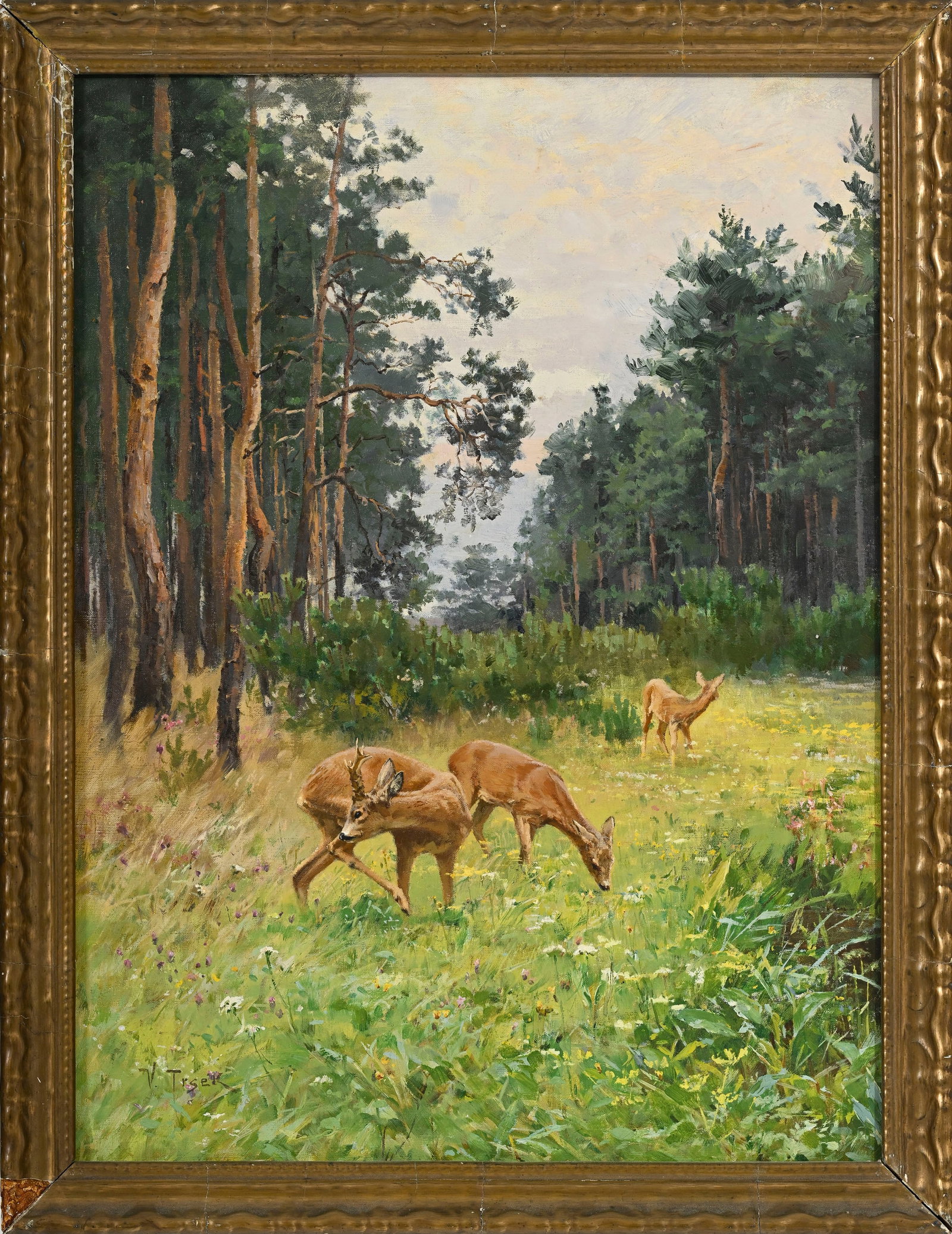 Wilhelm Trsek (1862-1937), Famille de cerfs dans un bois, huile sur toile, signée, 55,5x42 cm  - 2