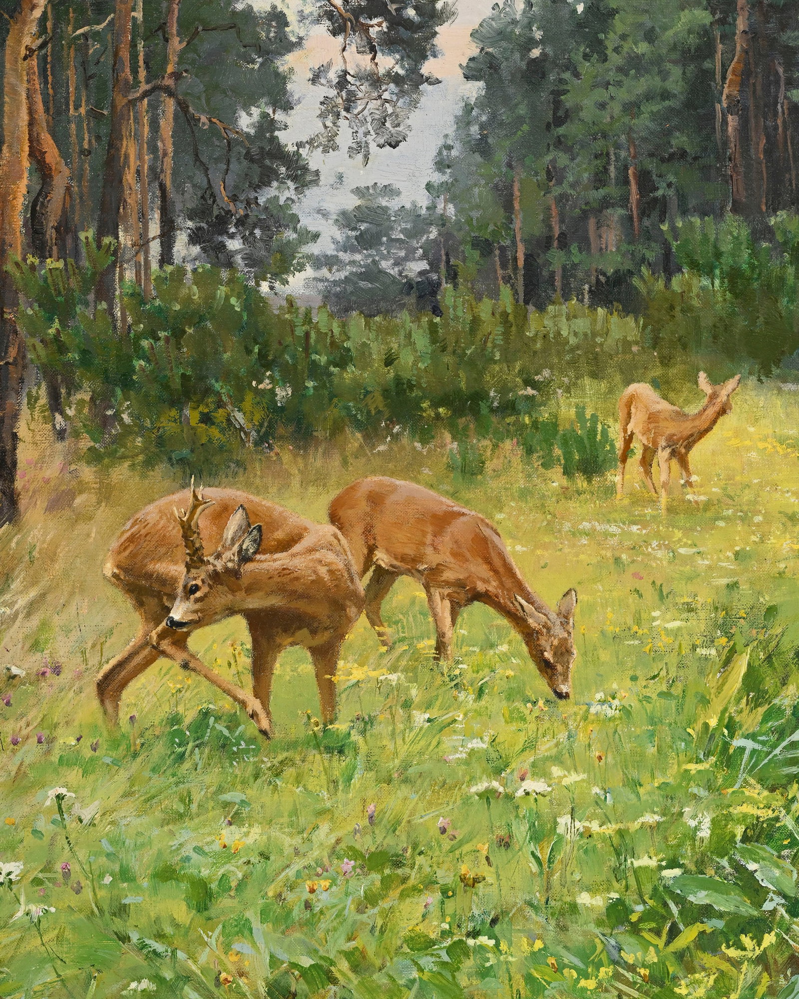 Wilhelm Trsek (1862-1937), Famille de cerfs dans un bois, huile sur toile, signée, 55,5x42 cm  - 3