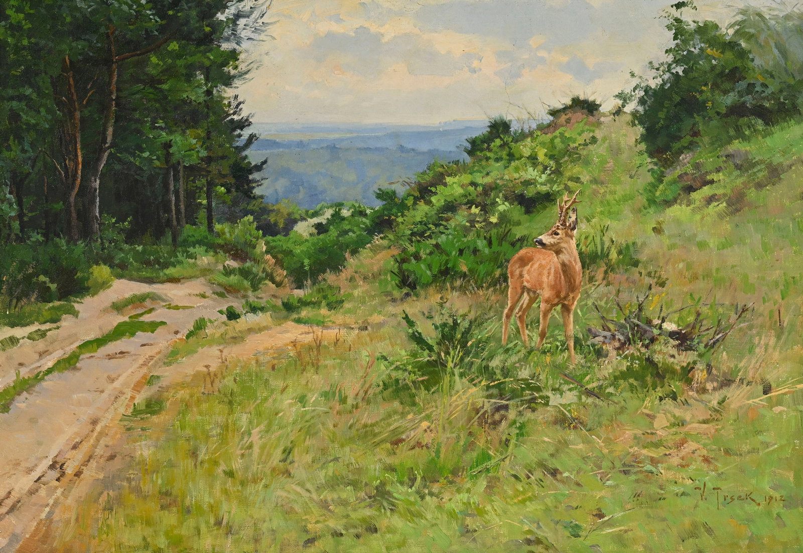 Wilhelm Trsek (1862-1937), Cerf à l'orée d'un bois, 1912, huile sur toile, signée et : Wilhelm Trsek (1862-1937), Cerf à l'orée d'un bois, 1912, huile sur toile, signée et datée, 46x66 cm Provenance: acquis dans la première moitié du XXe s. à Prague,