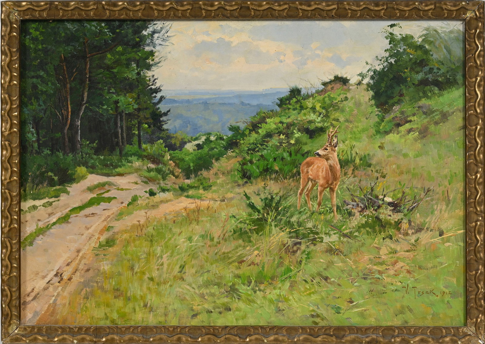 Wilhelm Trsek (1862-1937), Cerf à l'orée d'un bois, 1912, huile sur toile, signée et  - 2