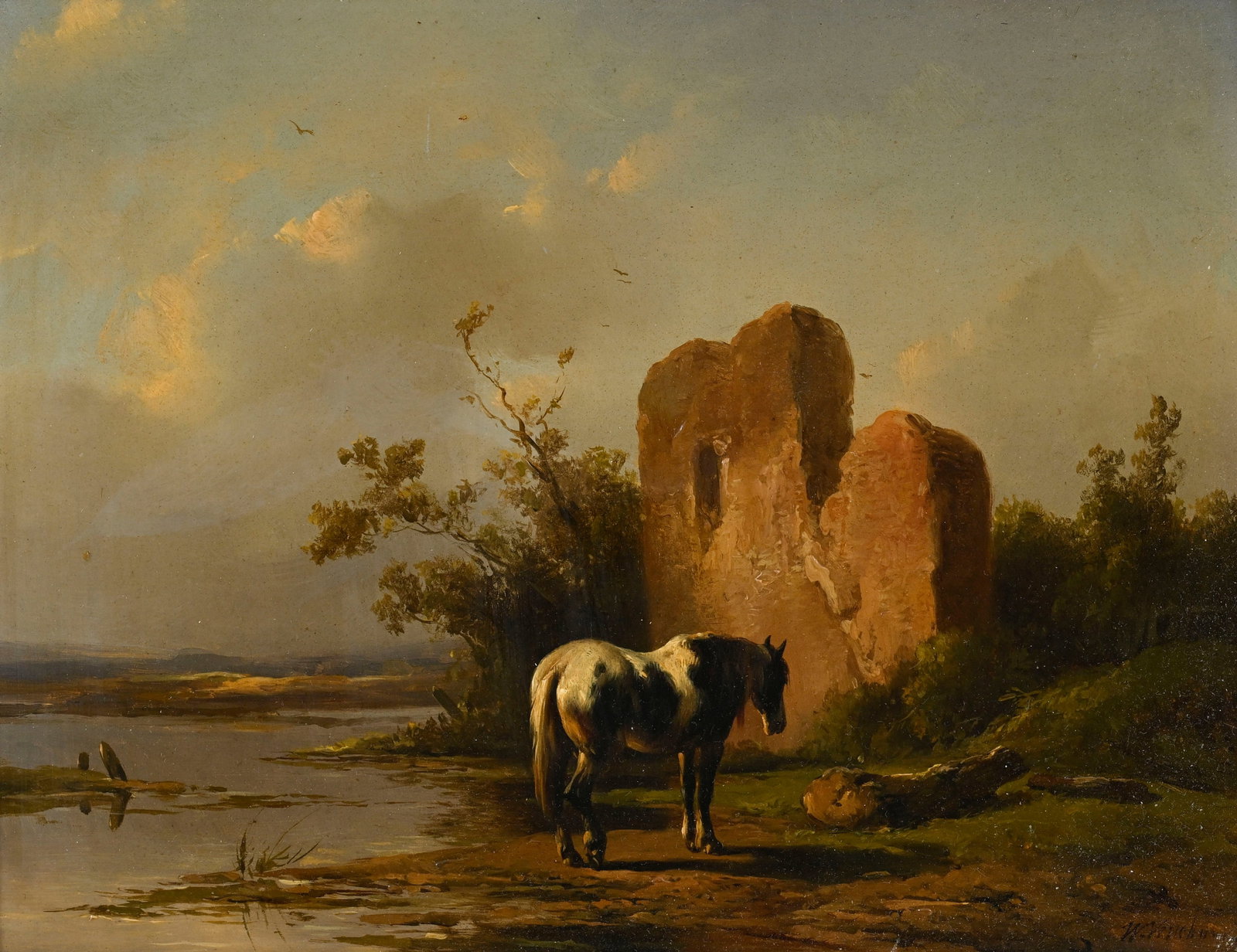 Wouterus I Verschuur (1812-1874), Cheval près d'une ruine, huile sur panneau, signée, 19x2: Wouterus I Verschuur (1812-1874), Cheval près d'une ruine, huile sur panneau, signée, 19x24,5 cm Provenance: Notarishuis, Rotterdam, 1970, lot 189; Sotheby Mark Van Waay B.V, Amsterdam, no.