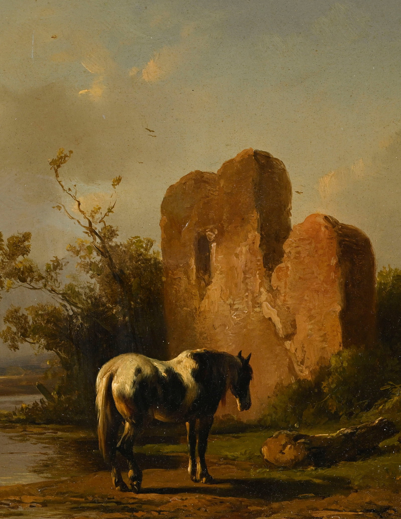 Wouterus I Verschuur (1812-1874), Cheval près d'une ruine, huile sur panneau, signée, 19x2 - 3