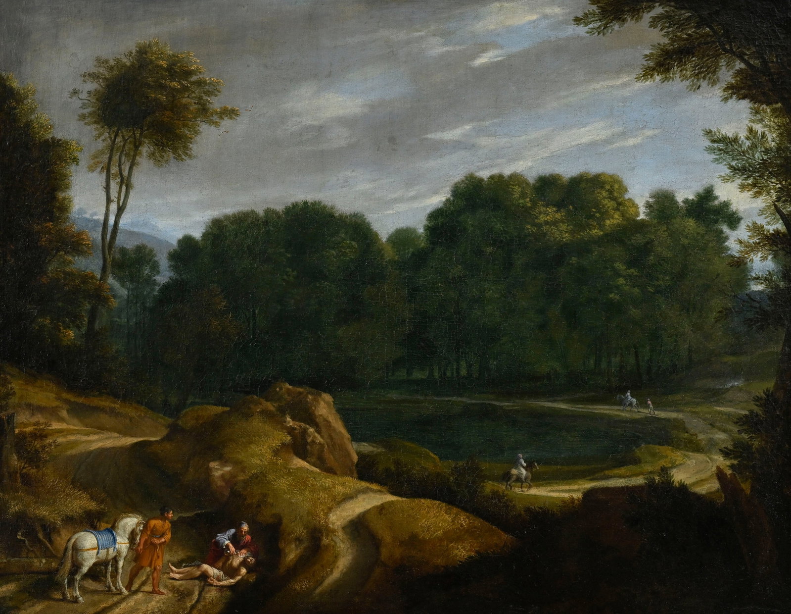 Lucas Achtschellinck (1629-1699), Le bon samaritain dans un paysage, huile sur toile, 71,5x90,5 cm : Lucas Achtschellinck (1629-1699), Le bon samaritain dans un paysage, huile sur toile, 71,5x90,5 cm Certificat de Justus Müller Hofstede, daté du 10 janvier 1973 Provenance: Famille Schlote, 