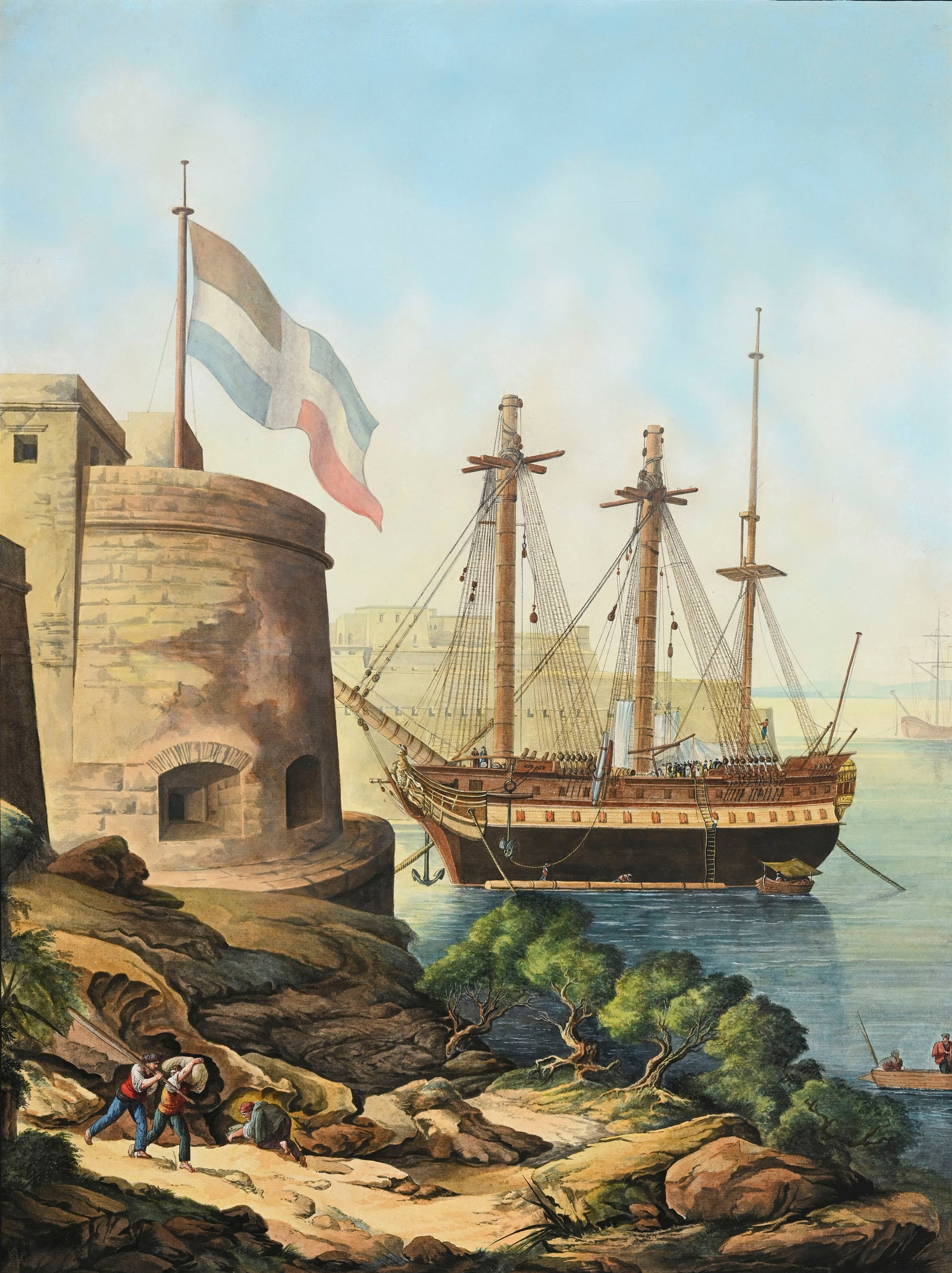 Abraham Louis Rodolphe Ducros (1748-1810), école de, "Le port de Naples", aquarelle et gouache : Abraham Louis Rodolphe Ducros (1748-1810), école de, "Le port de Naples", aquarelle et gouache sur papier, 65x48,5 cm Condition Traces de plis Micro-déchirure dans la bordure inf