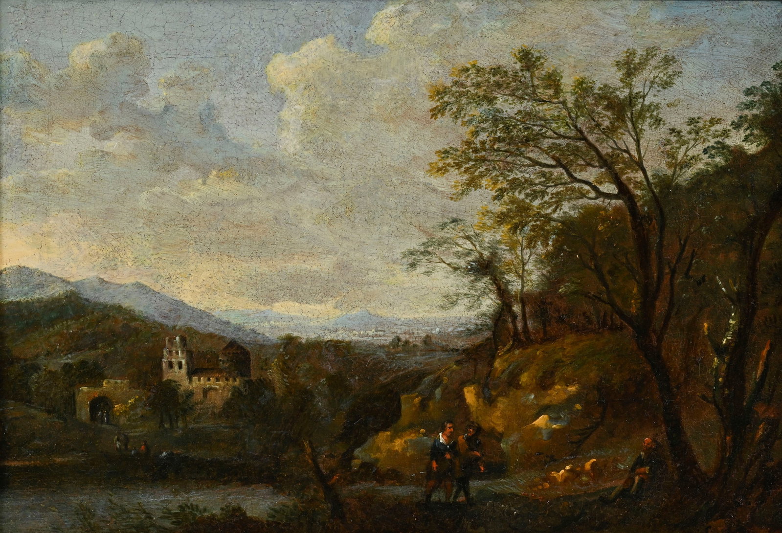 Gaspard Dughet (1615-1675), attribué à, Vue d'un fort animée, huile sur toile, 28,5x4: Gaspard Dughet (1615-1675), attribué à, Vue d'un fort animée, huile sur toile, 28,5x41,5 cm Provenance: Famille Schlote, Göttingen, Basse-Saxe; Collection du Dr Karl Schlote, Eschw