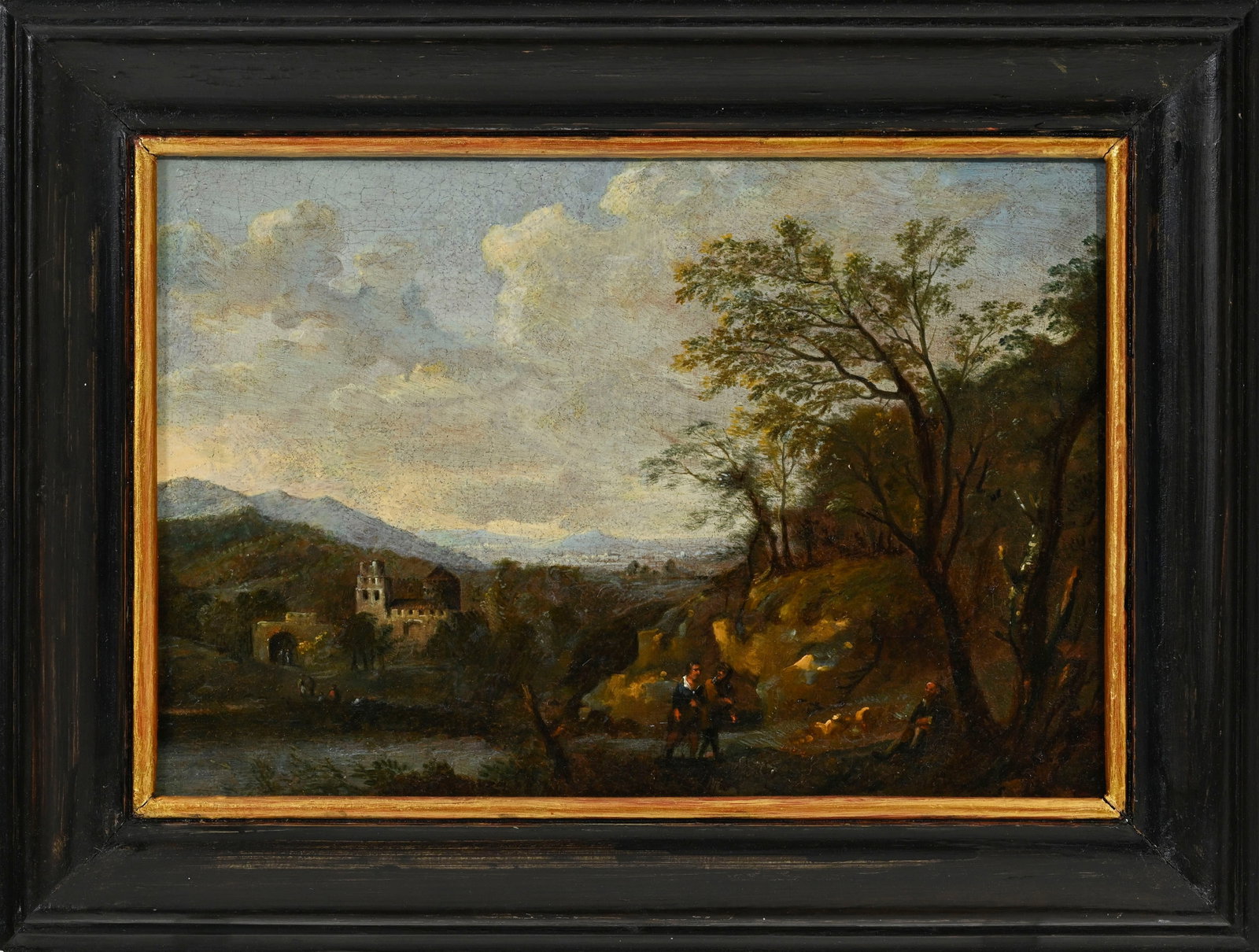 Gaspard Dughet (1615-1675), attribué à, Vue d'un fort animée, huile sur toile, 28,5x4 - 2