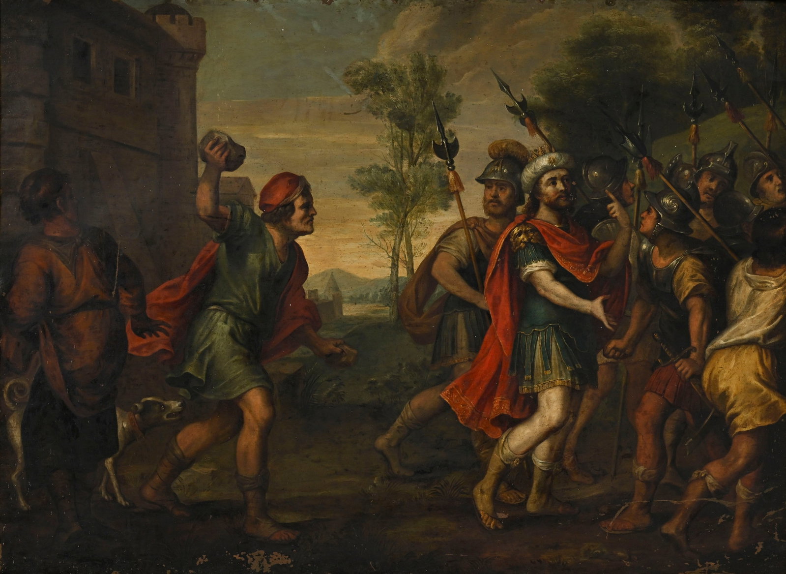 Ecole flamande du XVIIe s., Shimeï maudissant le roi David, huile sur cuivre, 81x110 cm: Ecole flamande du XVIIe s., Shimeï maudissant le roi David, huile sur cuivre, 81x110 cm Condition Trous dans la bordure supérieure fixant le cuivre à la plaque de protection en bois
