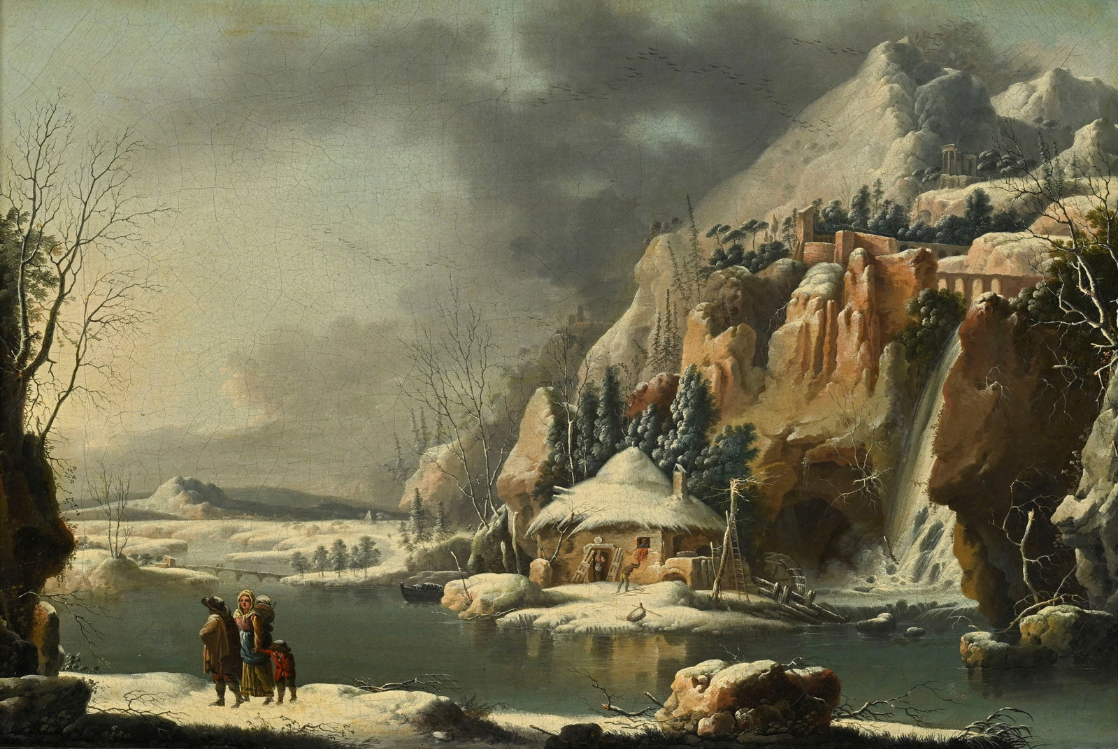 Francesco Foschi (1710-1780), attribué à, Vue animée d'un village enneigé au bor: Francesco Foschi (1710-1780), attribué à, Vue animée d'un village enneigé au bord de l'eau, huile sur toile, 31x45 cm Provenance: Famille Schlote, Göttingen, Basse-Saxe; Colle